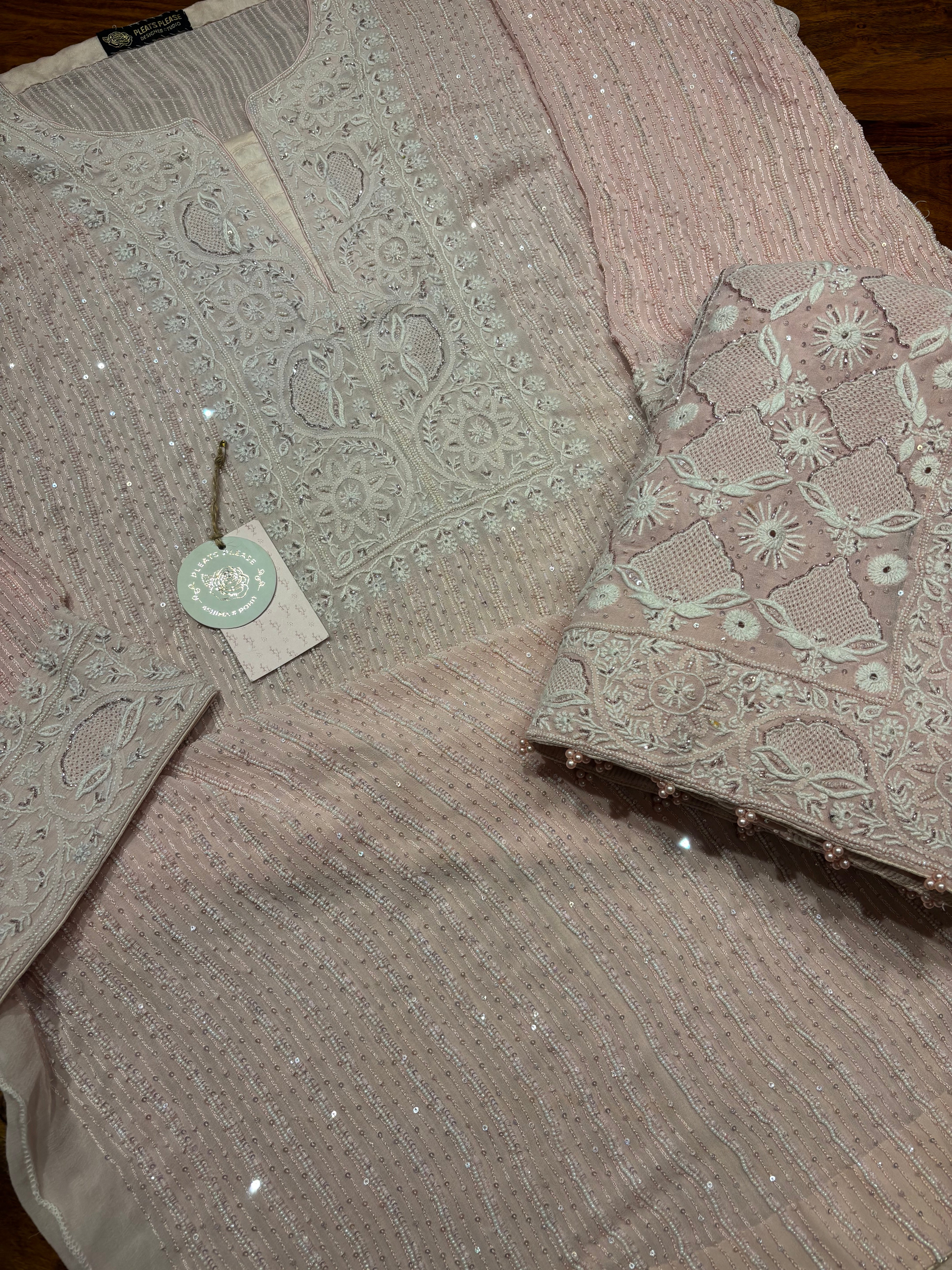 Pink Pure And Premium Georgette Chikankari Kurta And Heavy Dupatta Set