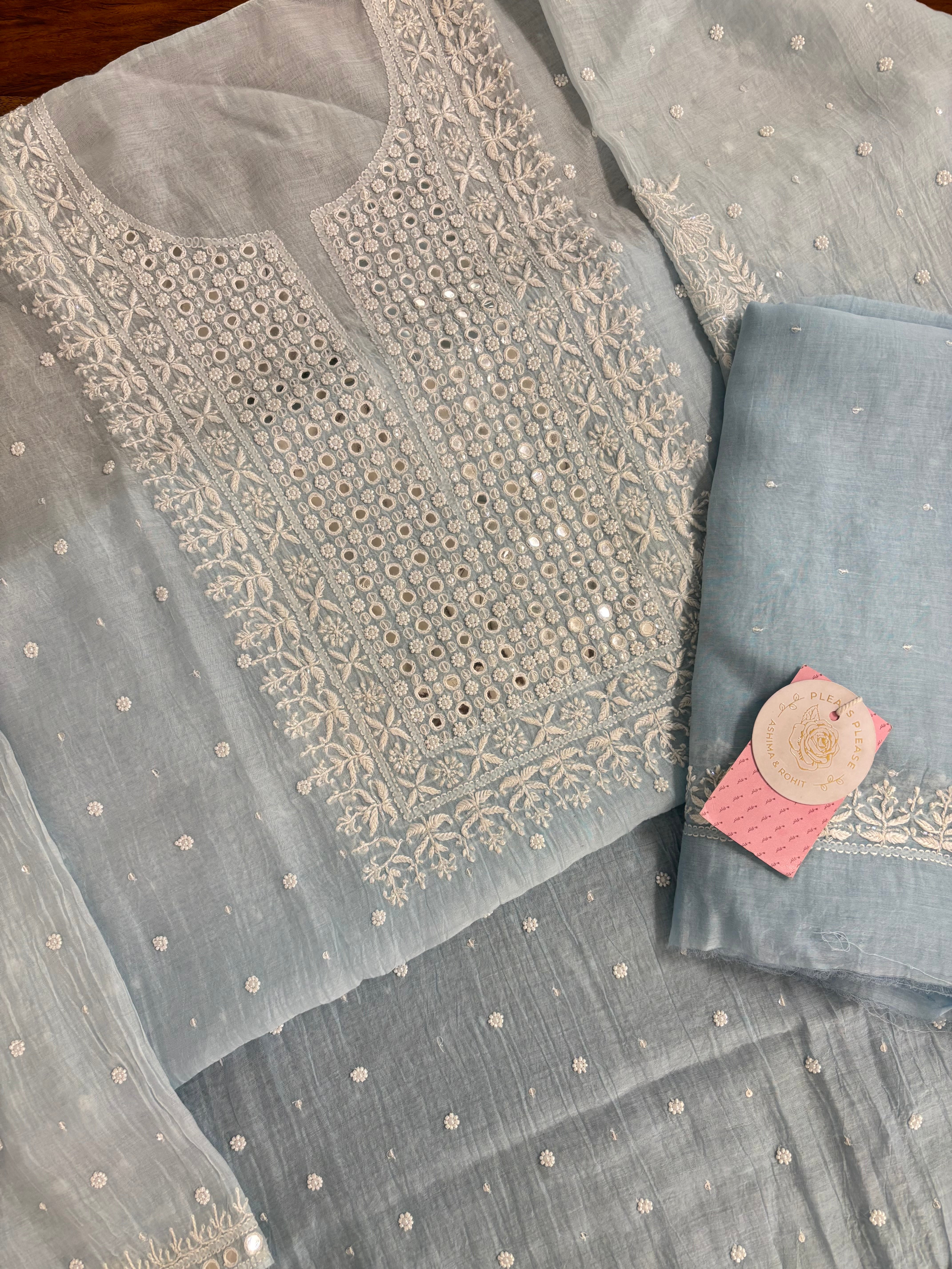 Pastel Blue Pure Chanderi Ombre Chikankari Kurta & Dupatta - Pleats PleaseChikankari