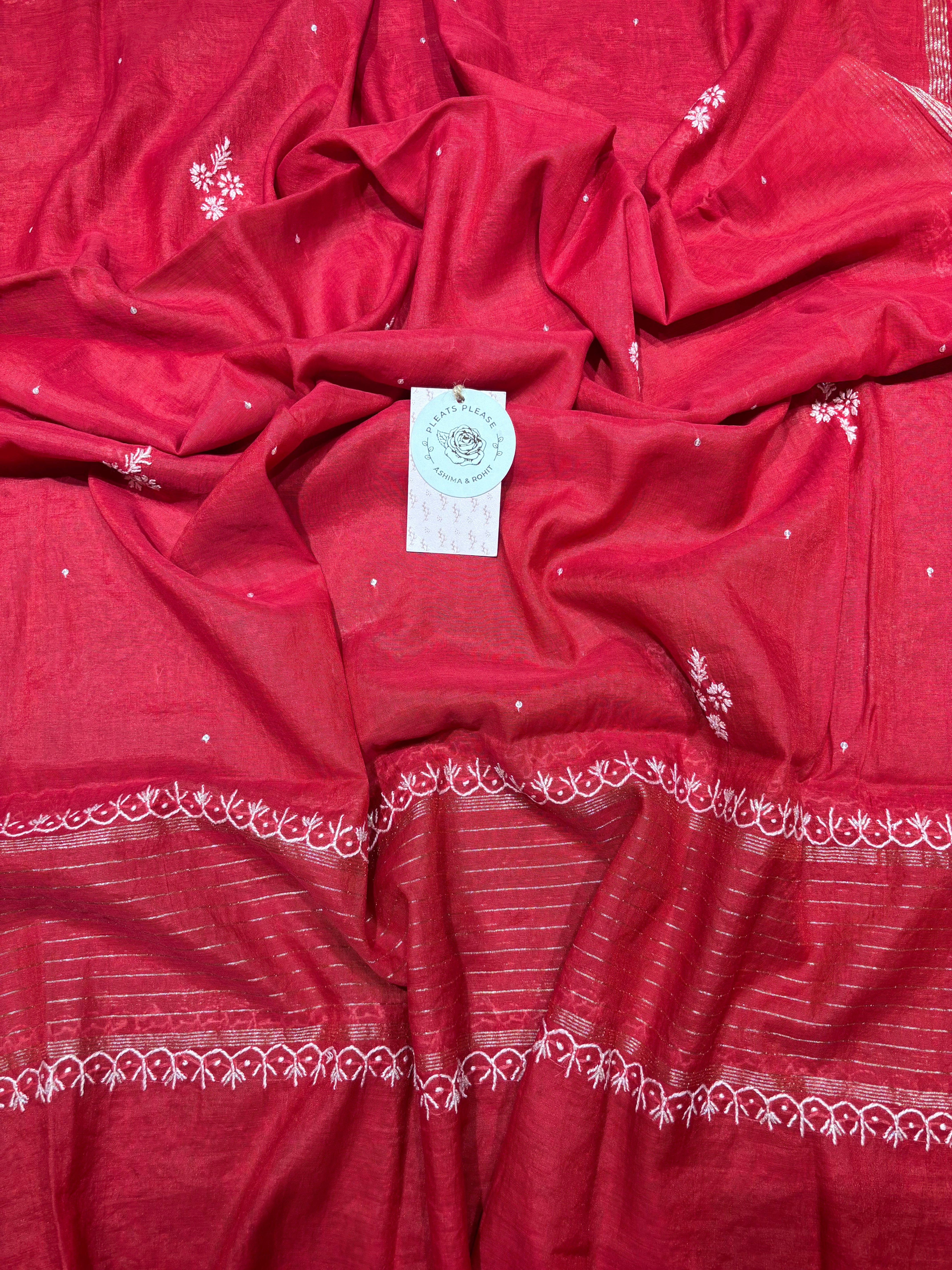 Red Chanderi Mul Chikankari Kurta & Dupatta Set