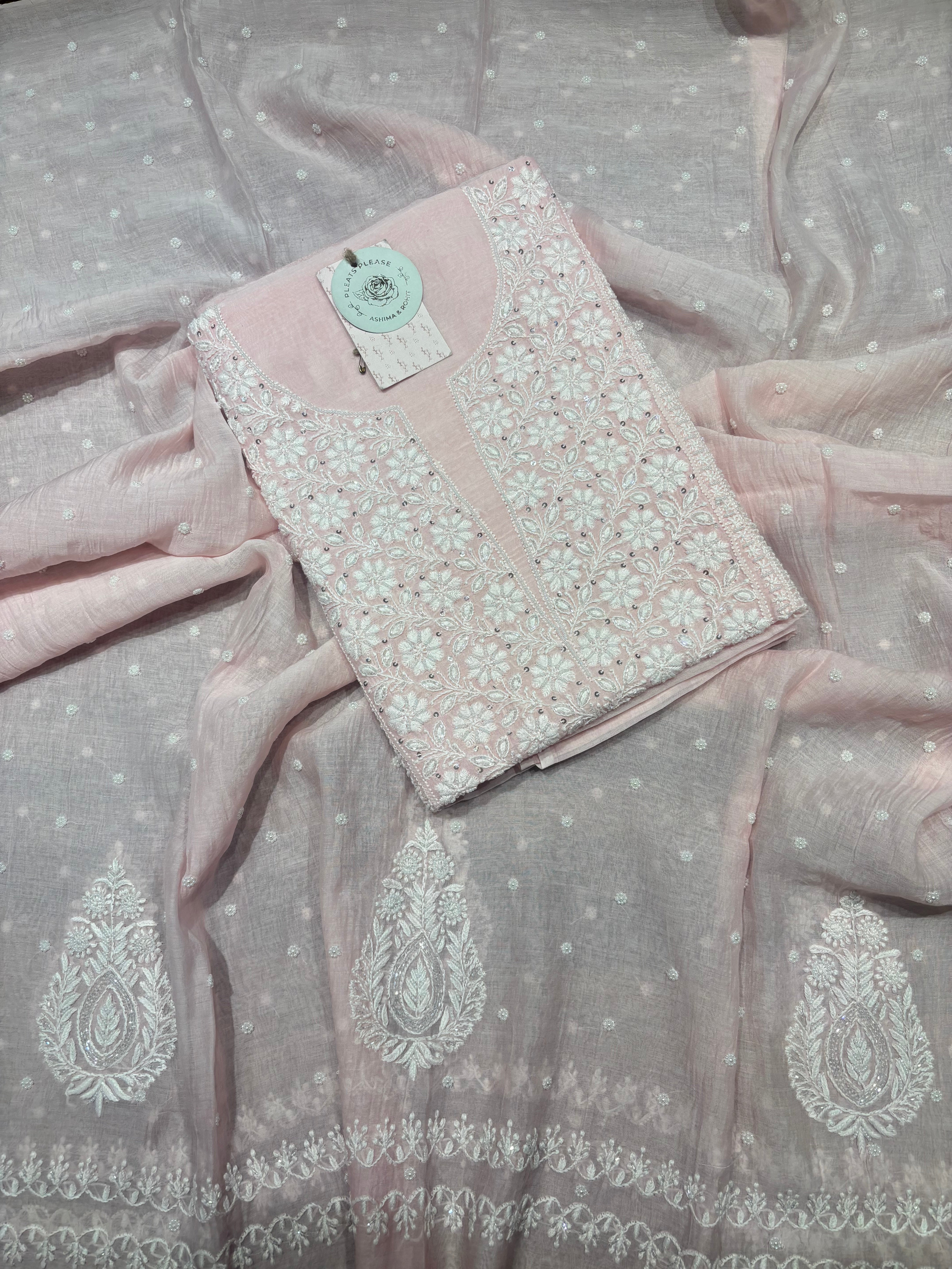 Soft Pink Chanderi Mul Chikankari Kurta & Dupatta Fabric
