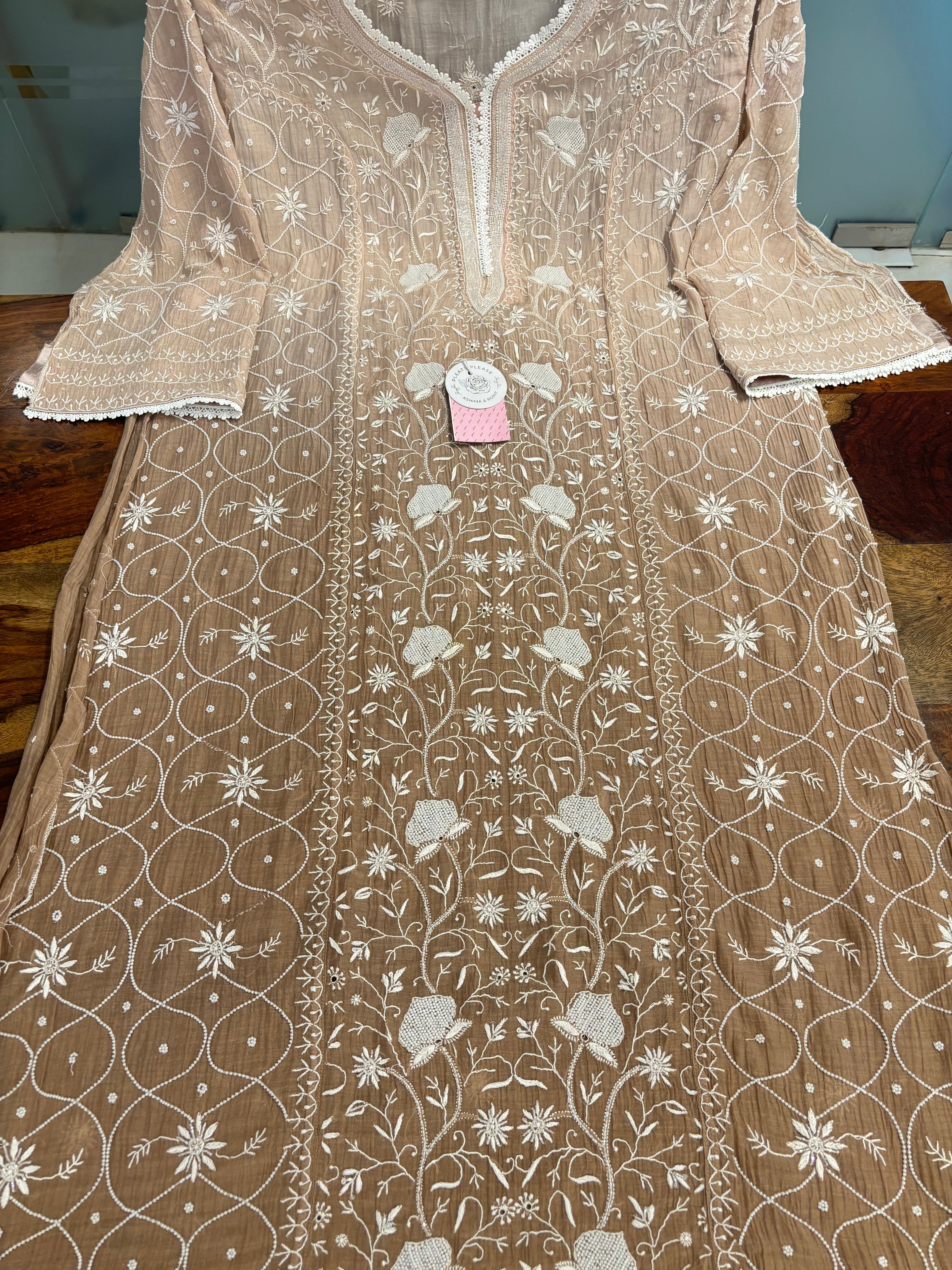 Mocha Brown Ombré Chanderi Mul Chikankari Kurta & Dupatta With Bottom - Pleats PleaseChikankari