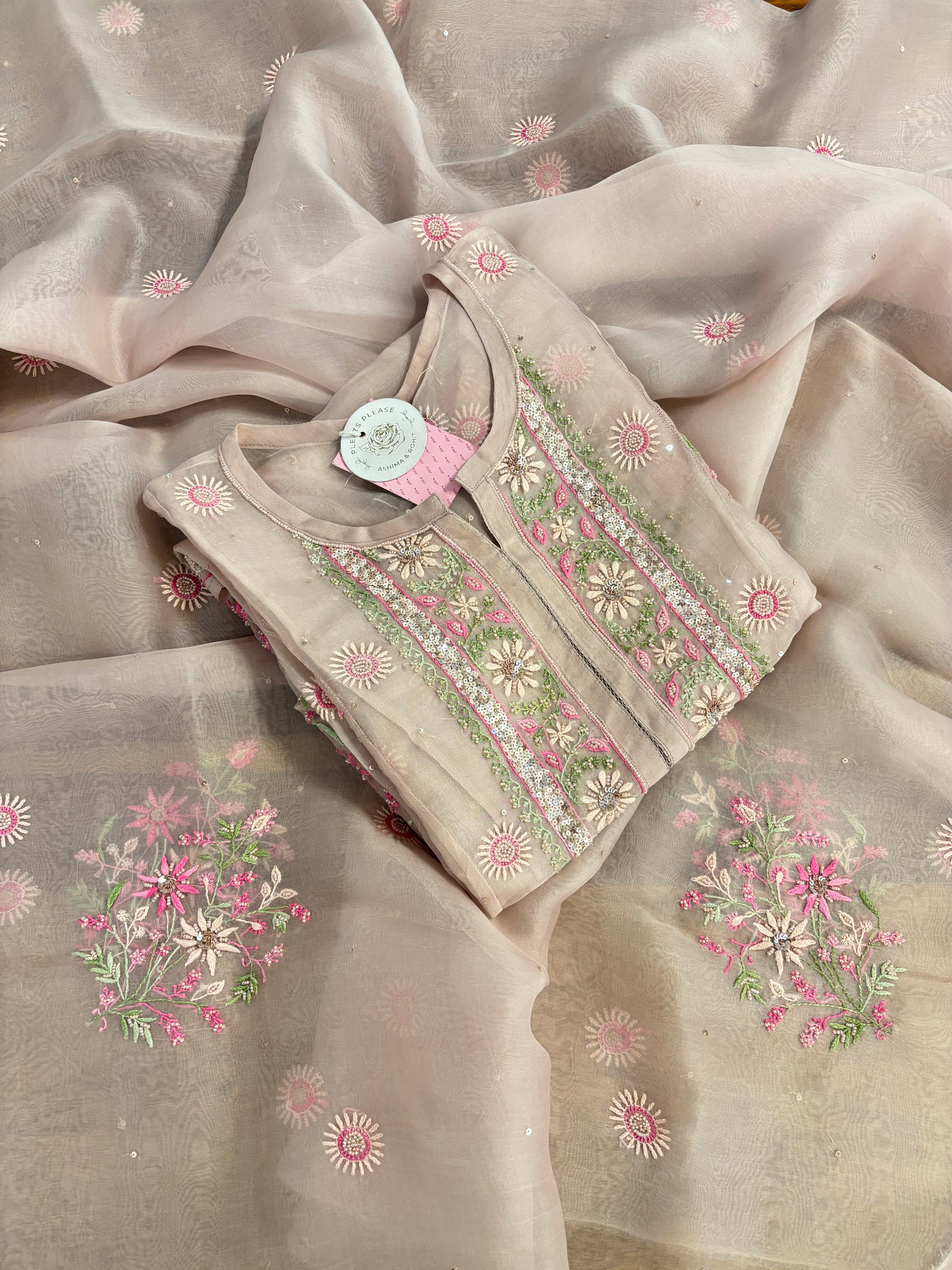 Blush Pink Pure Organza Silk Chikankari Kurta & Dupatta