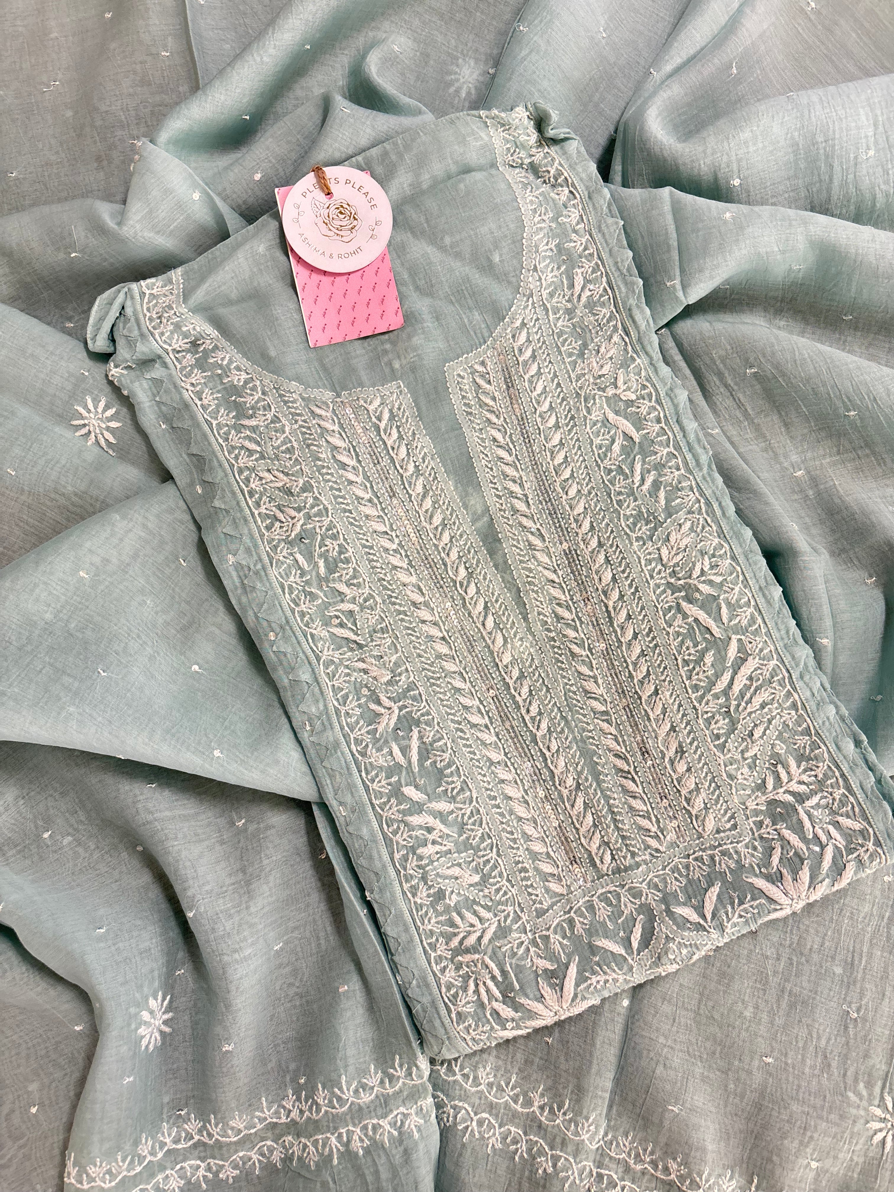 Ice Blue Chanderi Chikankari Kurta & Dupatta