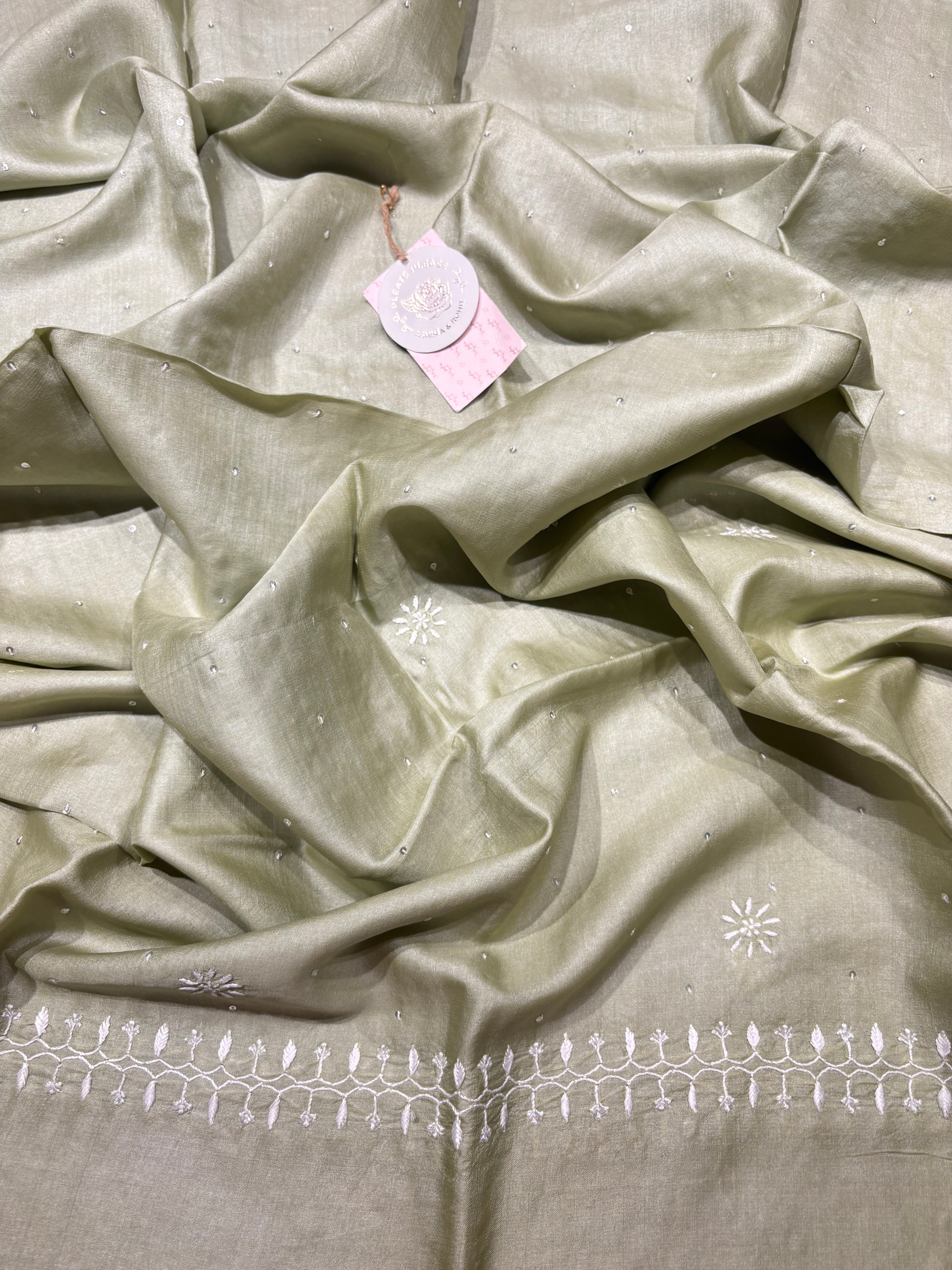 Pistachio Green Tussar Silk Chikankari Kurta And Dupatta Set