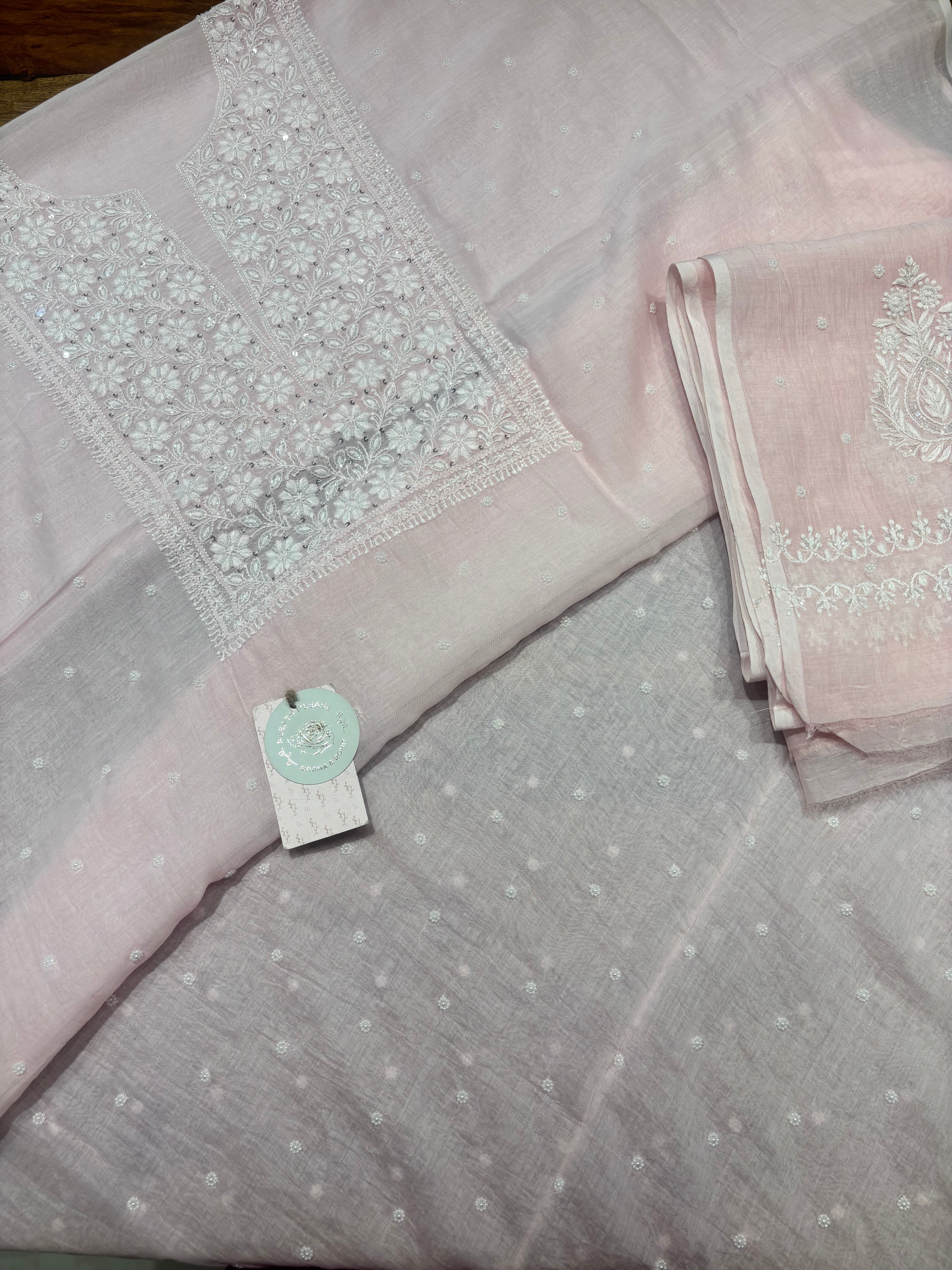 Soft Pink Chanderi Mul Chikankari Kurta & Dupatta Fabric
