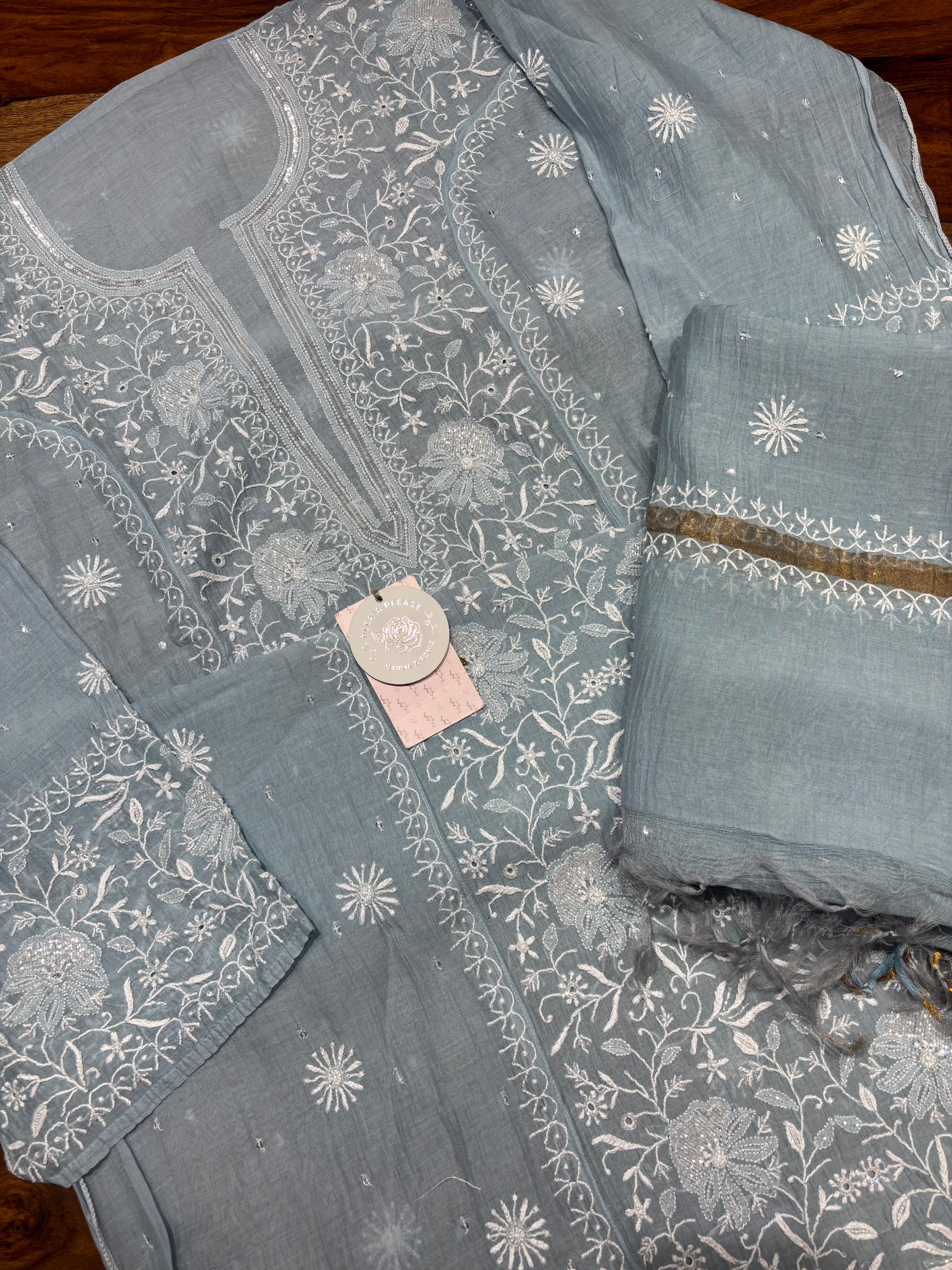 Powder Blue Chanderi Mul Chikankari Kurta & Dupatta Set