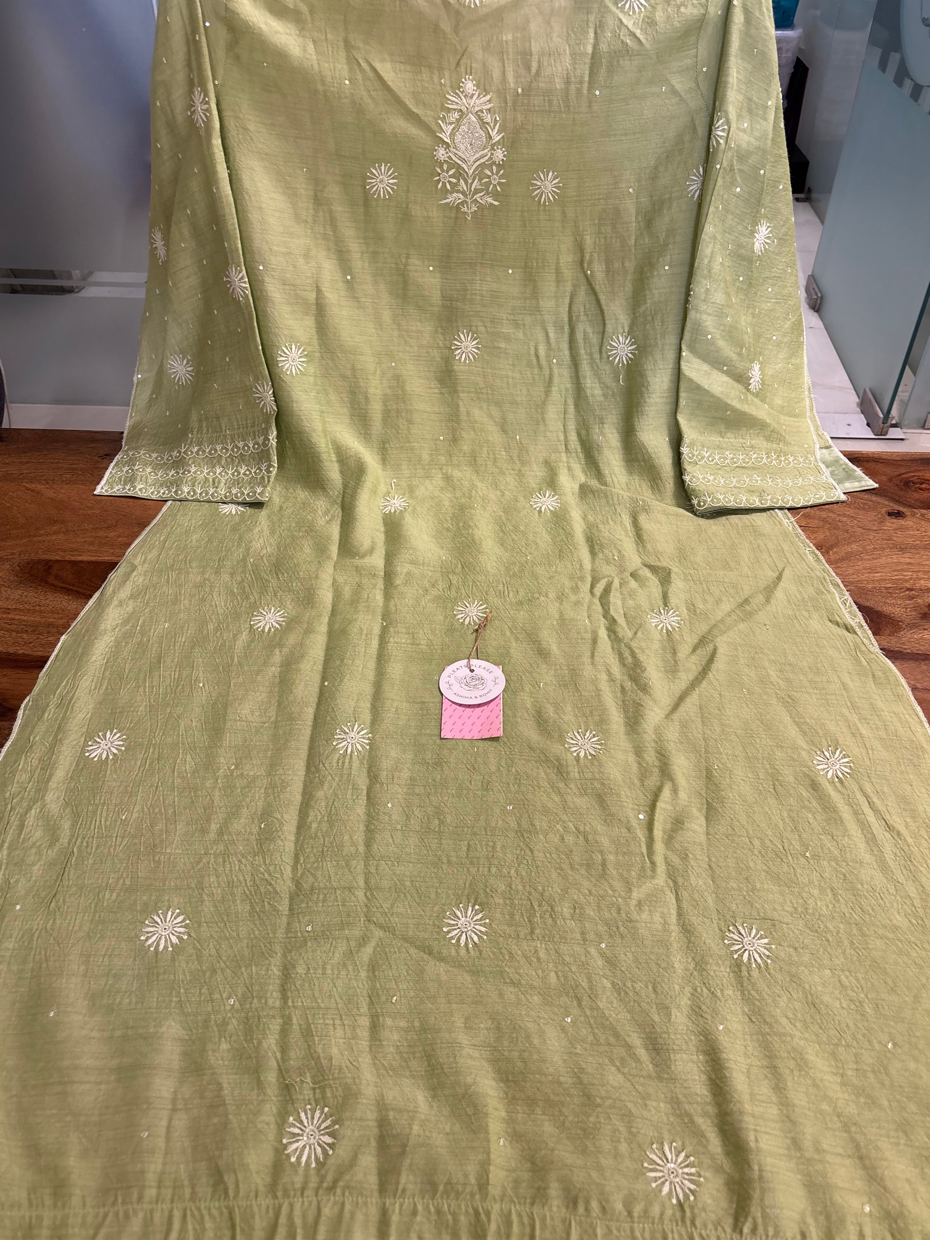 Sage Green Chikankari Munga Silk Kurta Dupatta Set