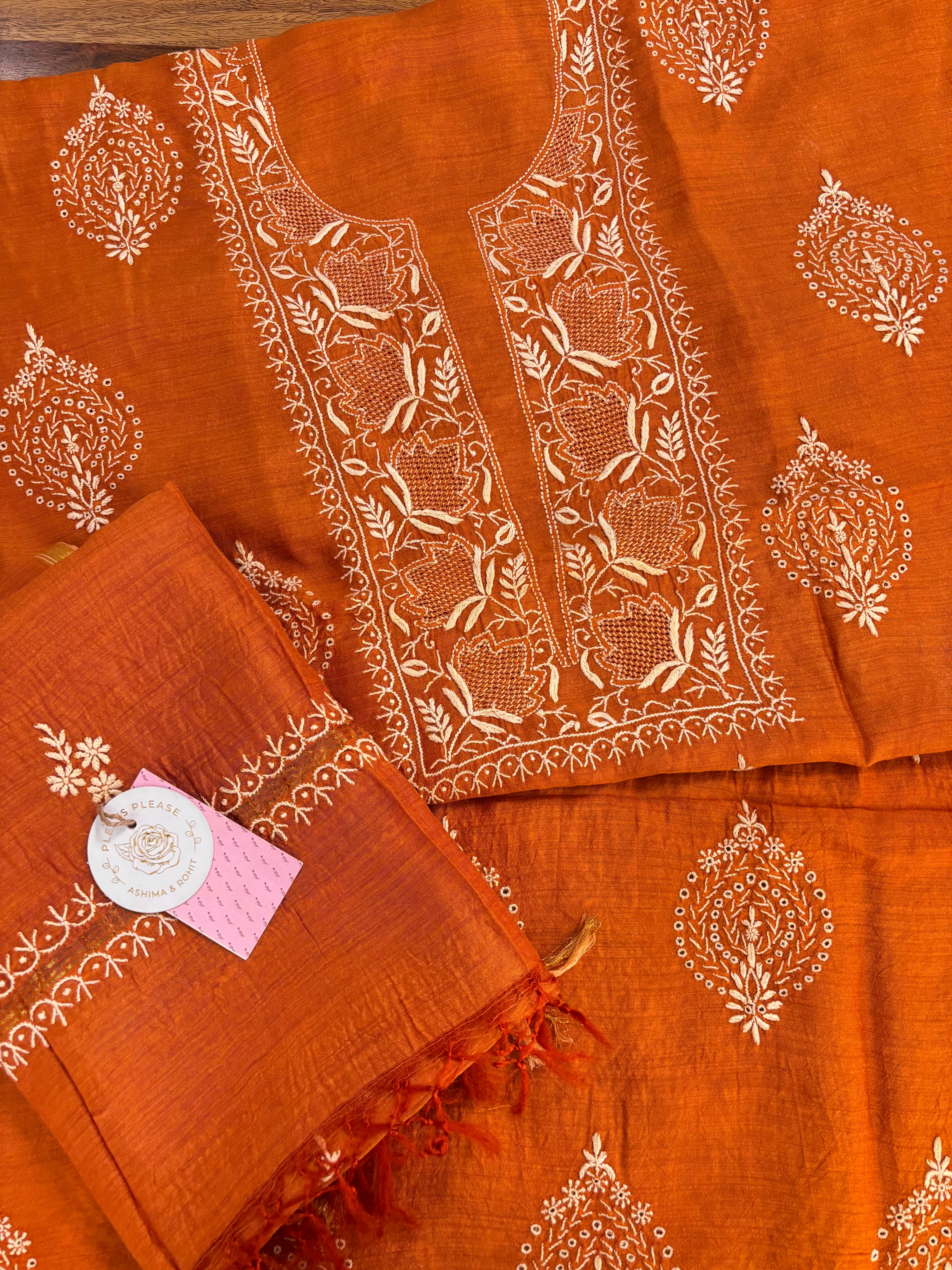 Burnt Orange Monga Silk Chikankari Kurta & Dupatta