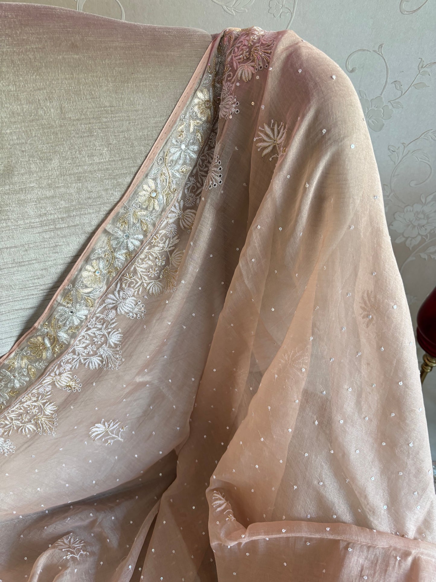 Rosegold Pure Tissue Chikankari Saree