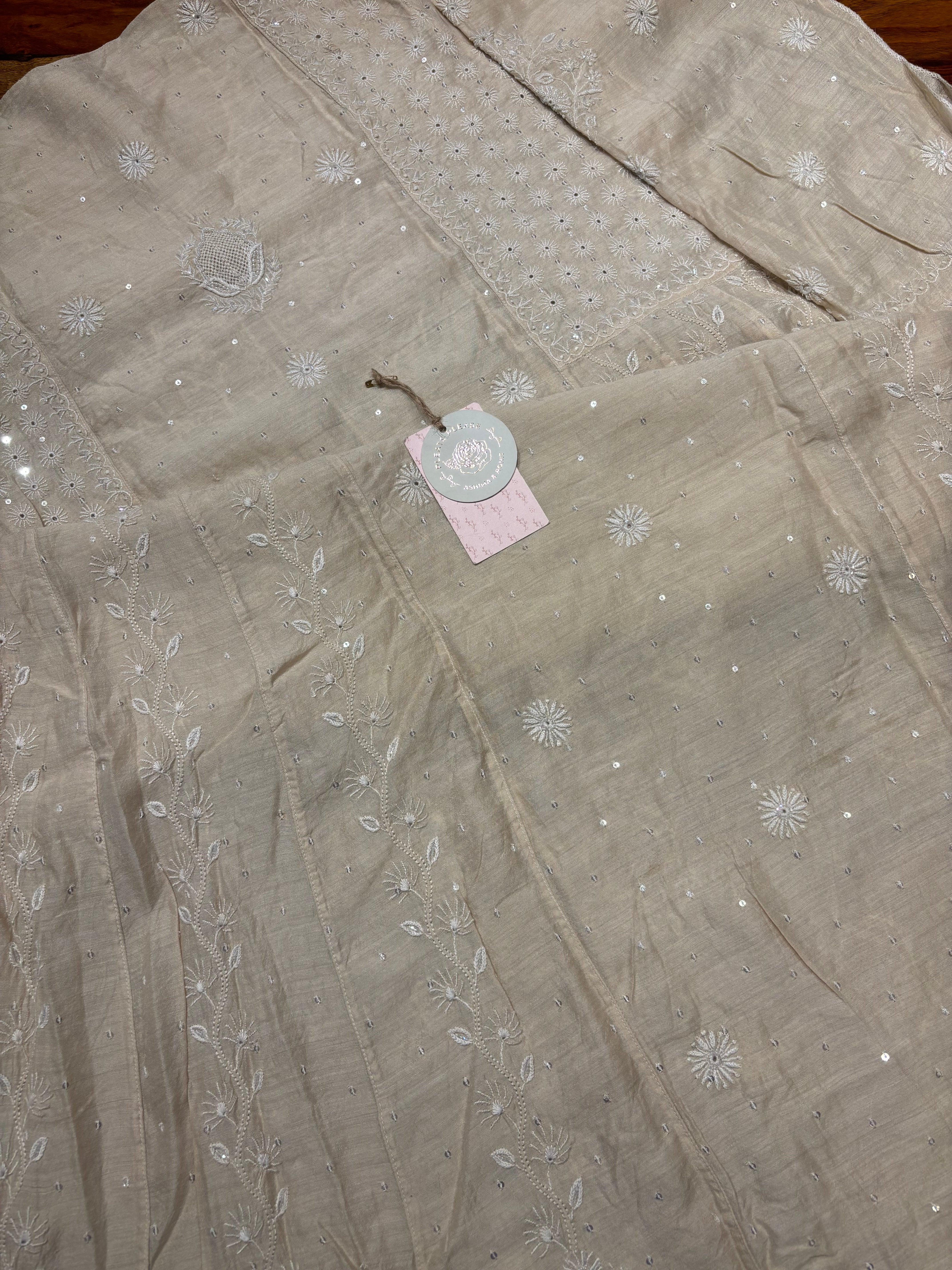 Dyeable Monga Silk Chikankari Anarkali And Dupatta Set
