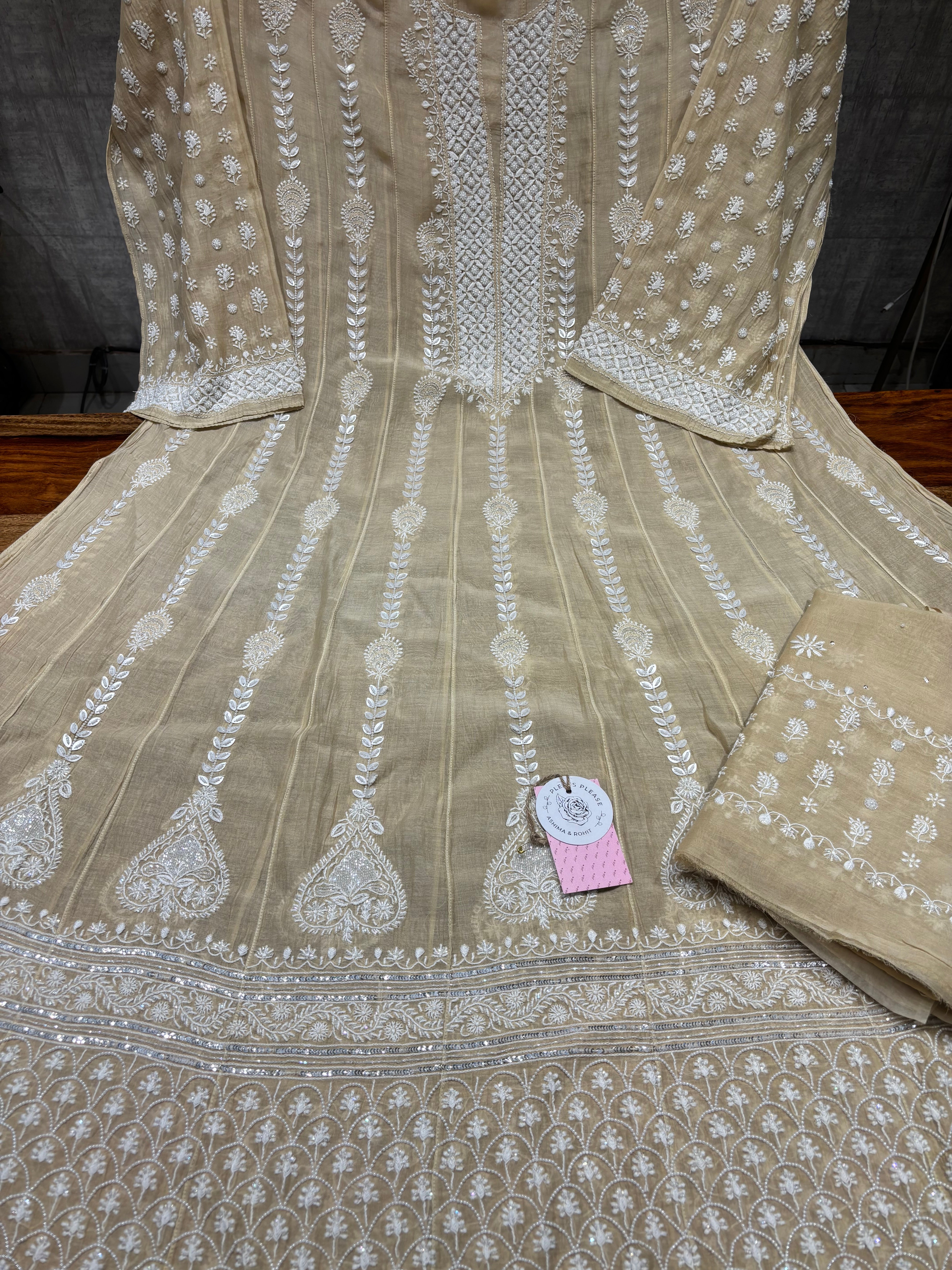 Coffee Cream Chanderi Mul Chikankari Anarkali and Dupatta Set