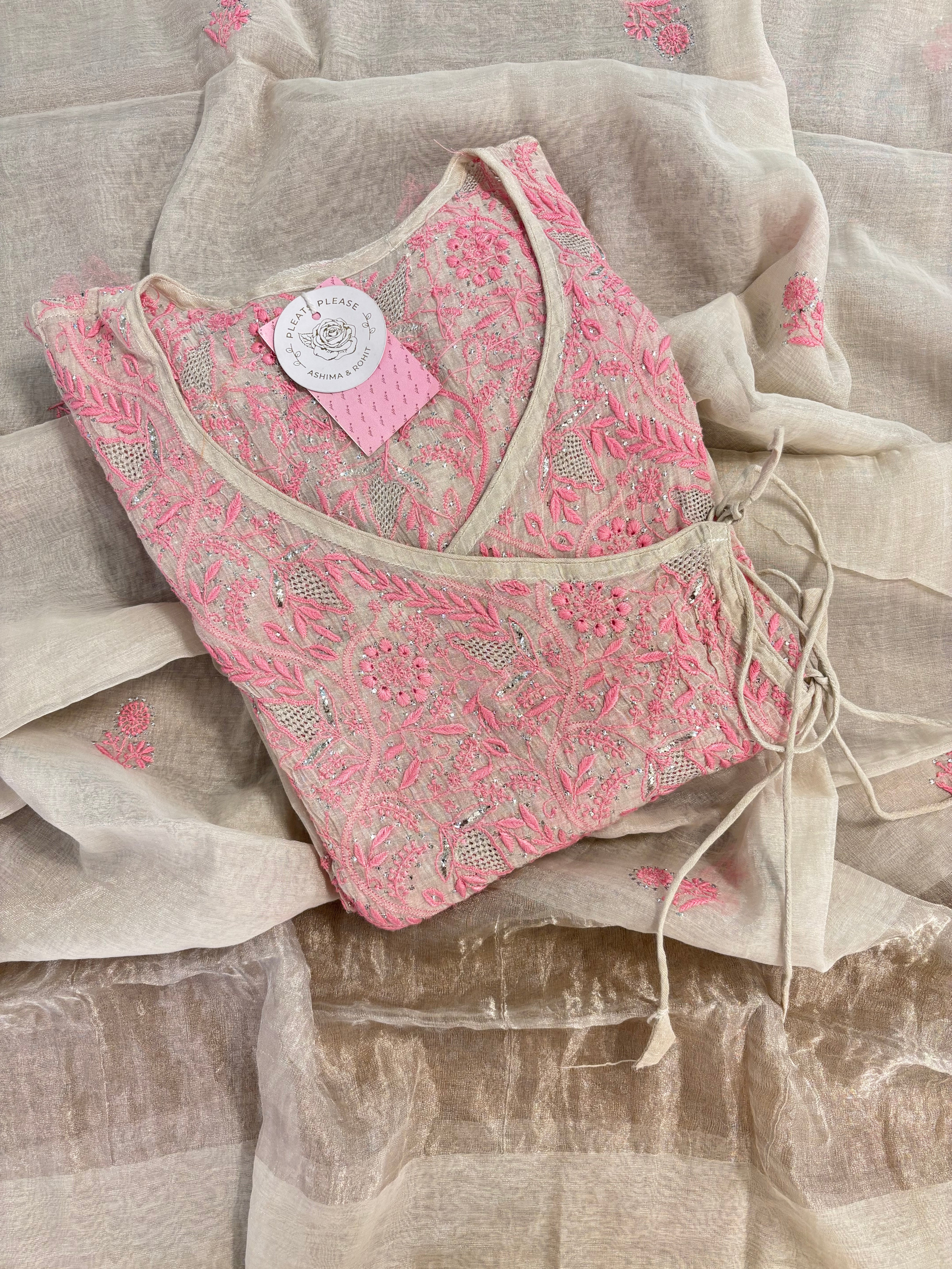 Dyeable Pure & Premium Silver Tissue Mukaish Chikankari Angrakha Kurta & Dupatta Set