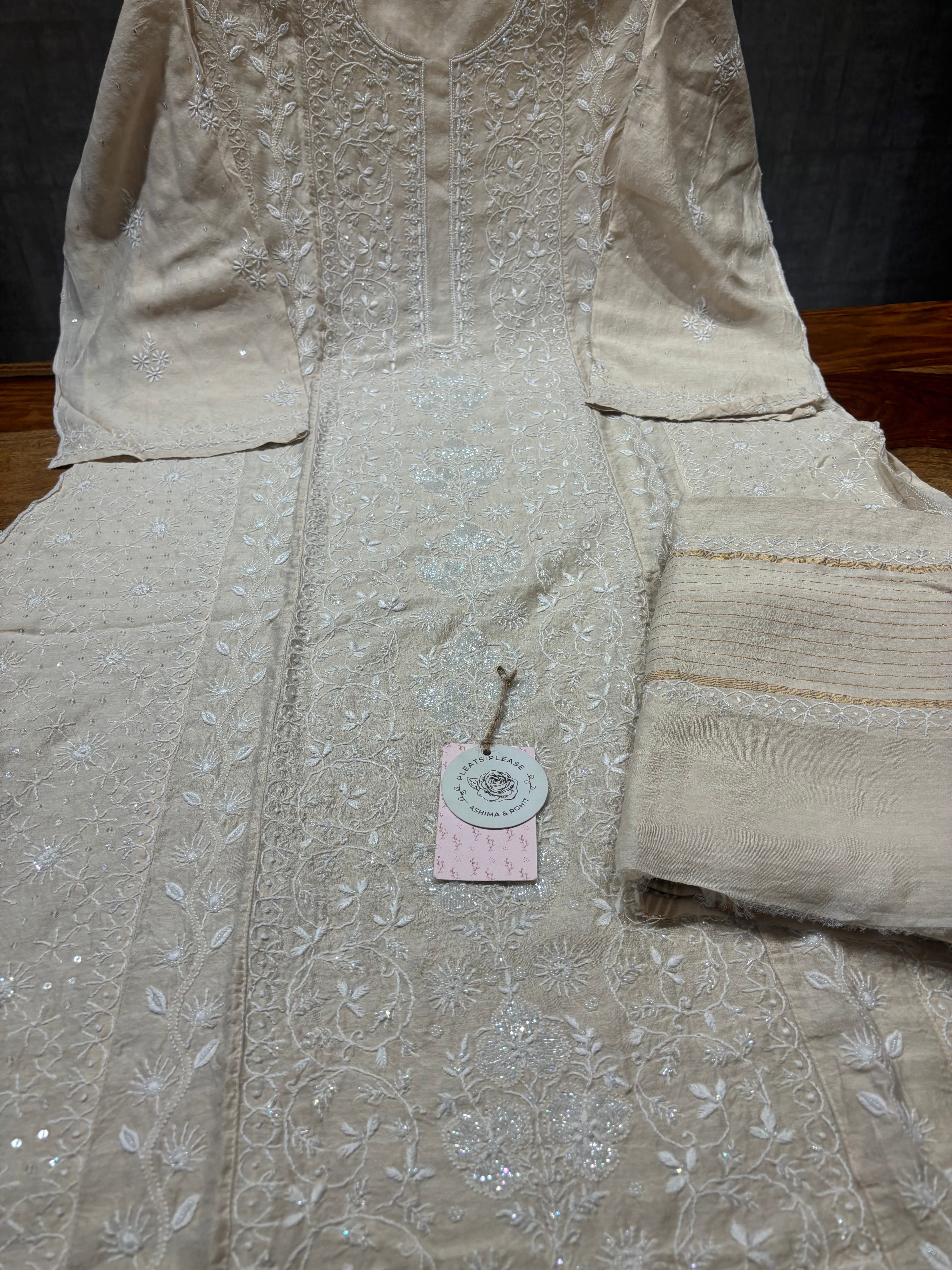 Dyeable Monga Silk Chikankari Kurta And Dupatta Set