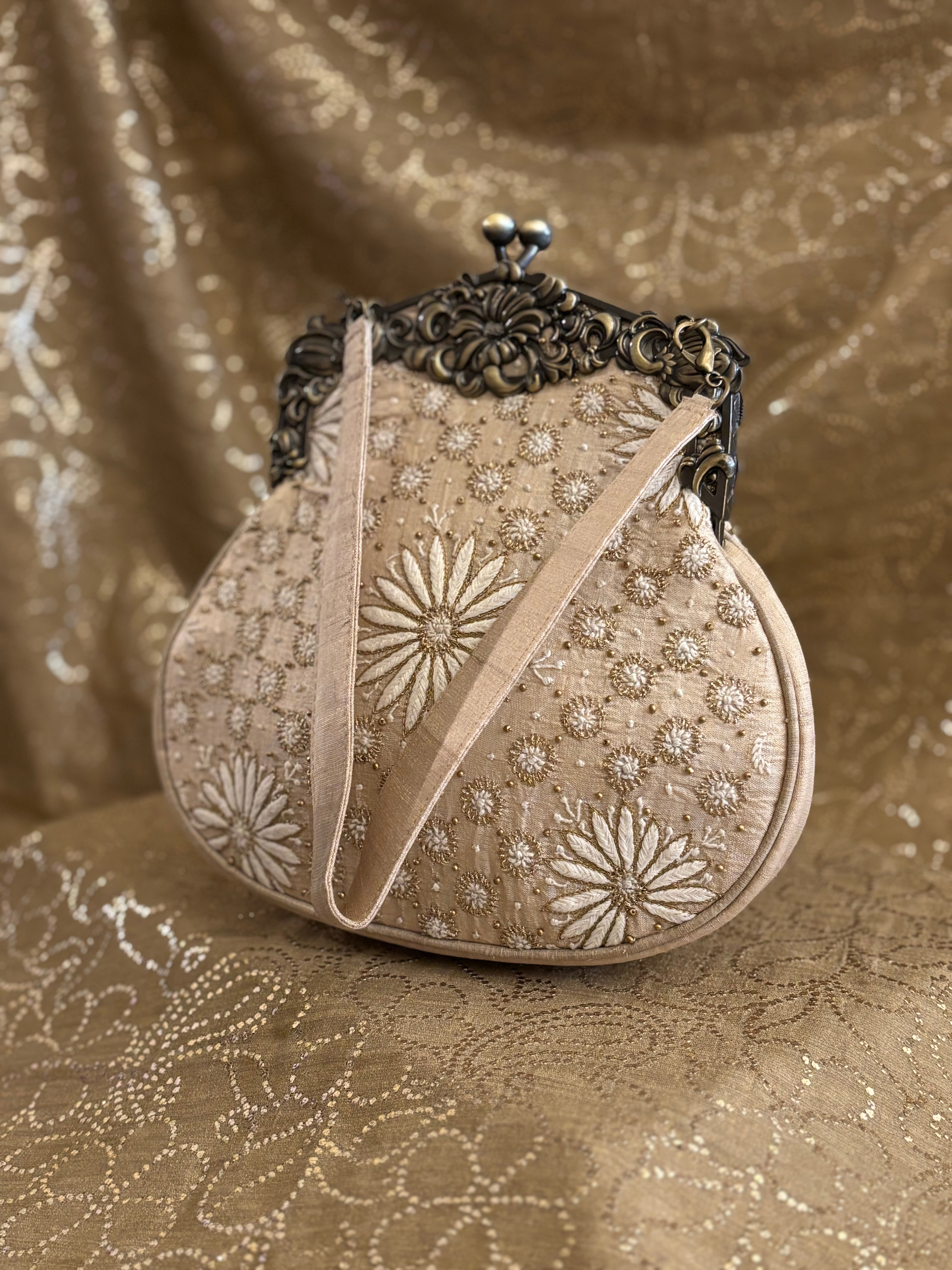 Beige Chikankari Clutch Bag