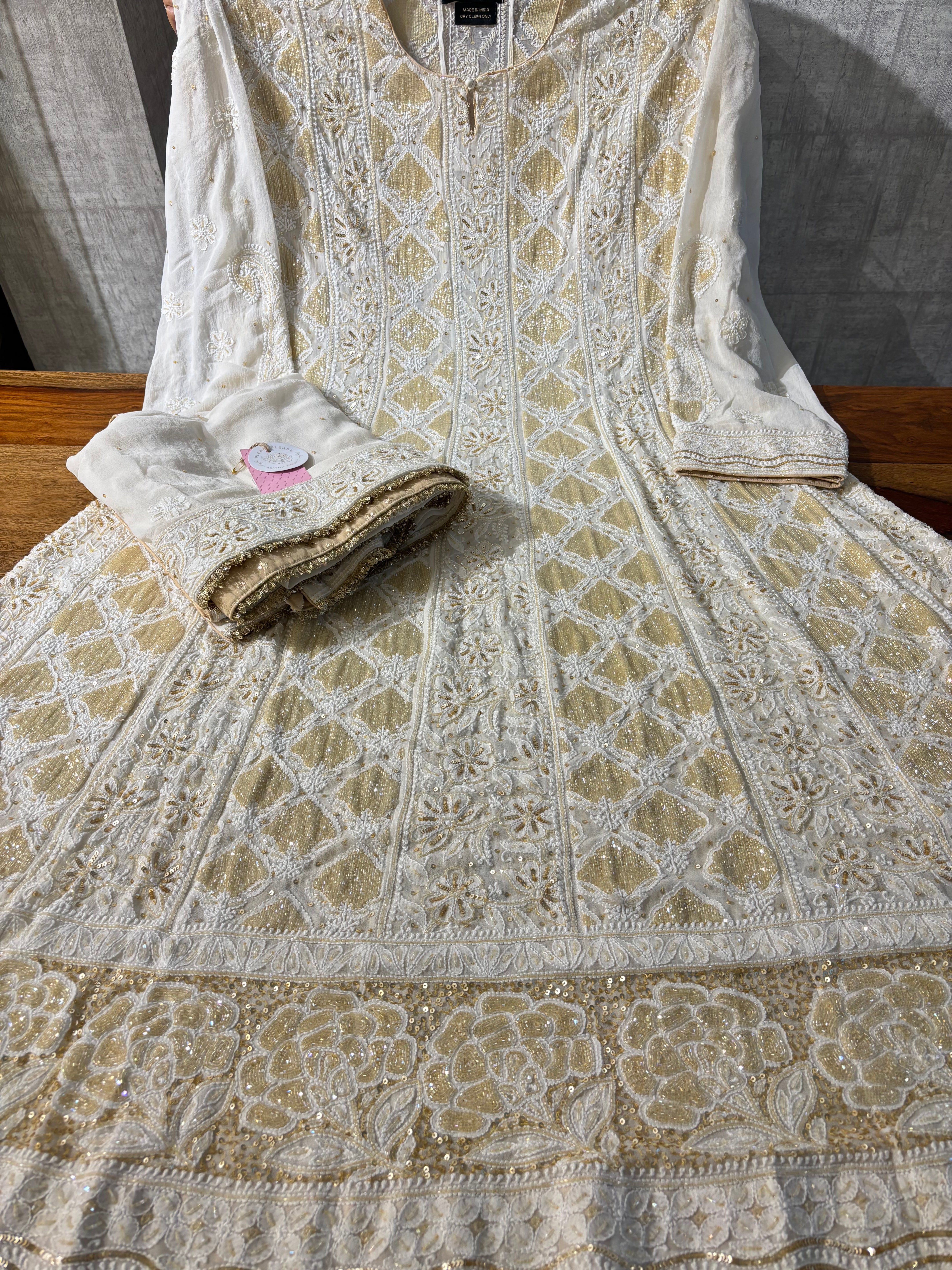 Off White Georgette Chikankari Anarkali & Dupatta