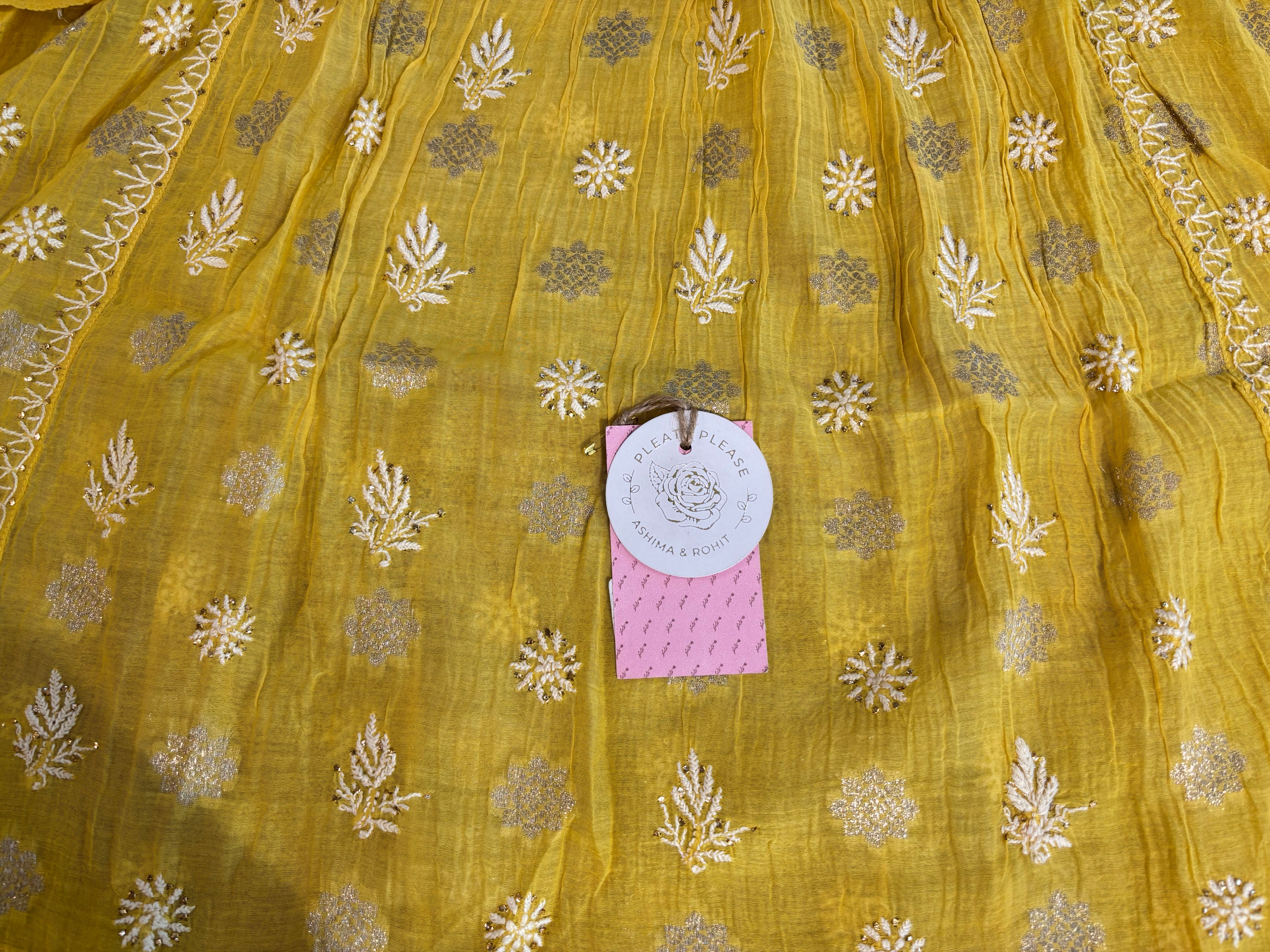 Yellow Chanderi Chikankari Mukaish Kurta, Dupatta & Sharara Set