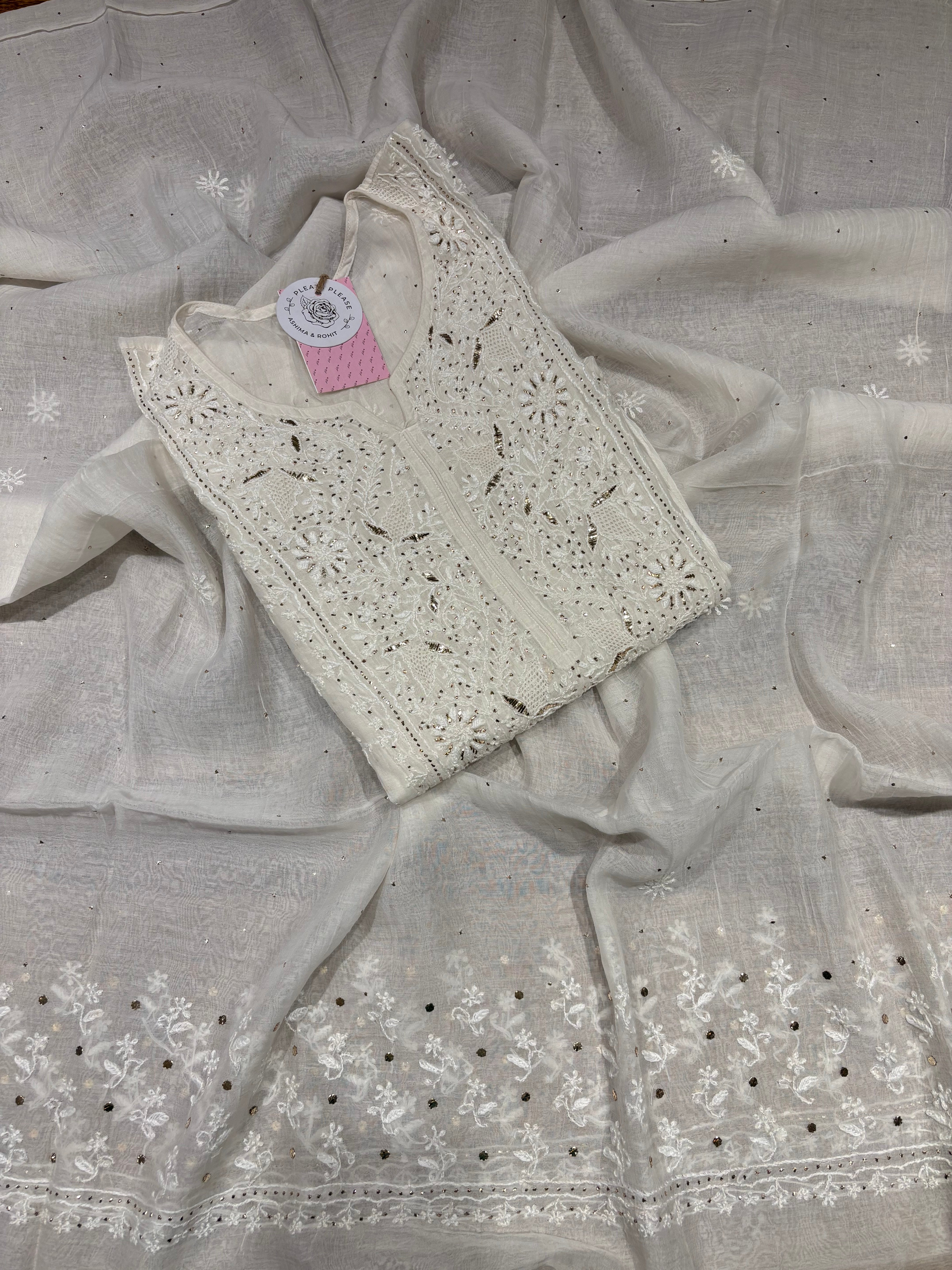 Dyeable Chanderi Mul Chikankari & Mukaish Kurta & Dupatta Set