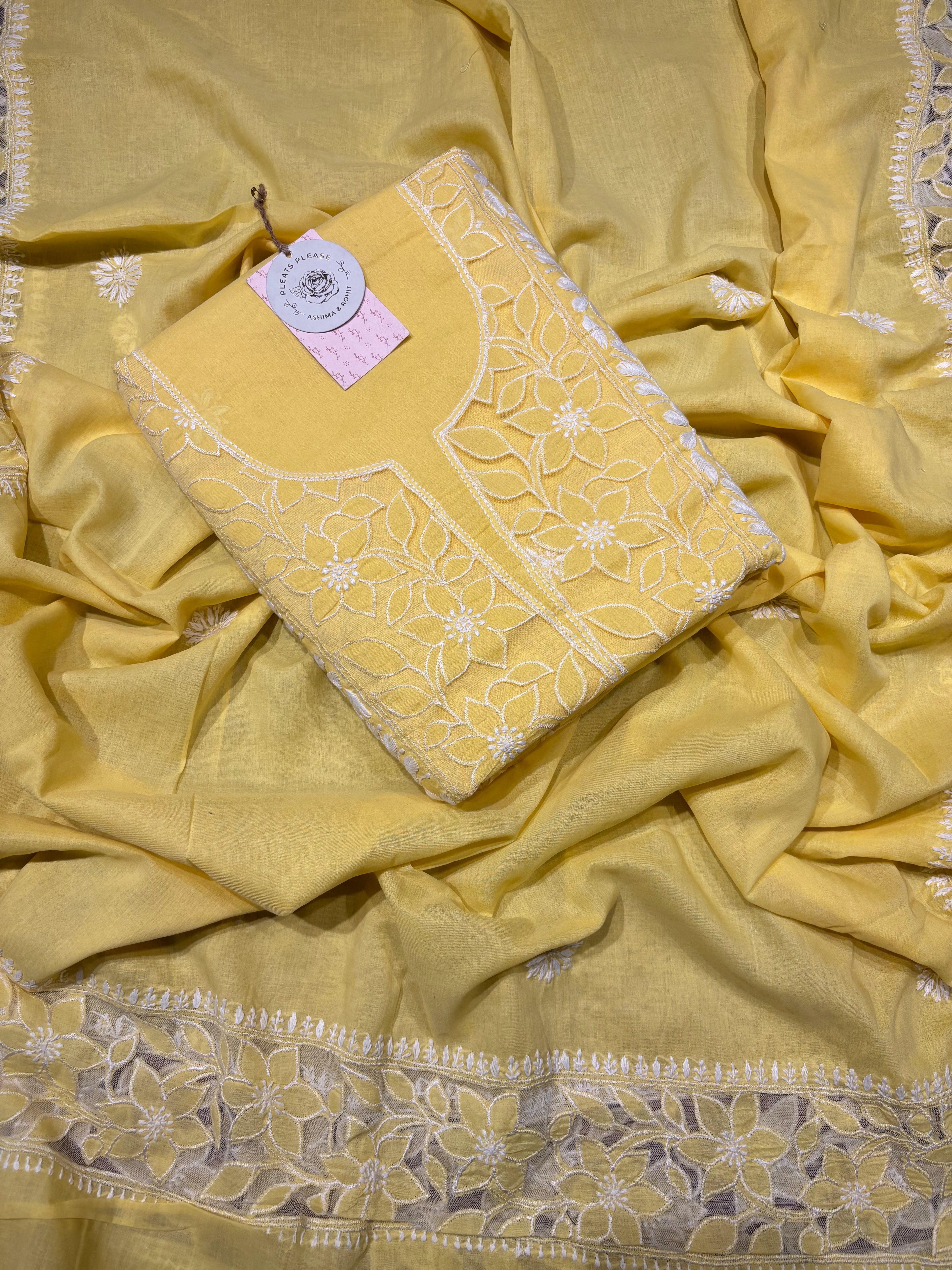 Yellow Mul Soft Net Chikankari Applique Kurta And Dupatta Fabric