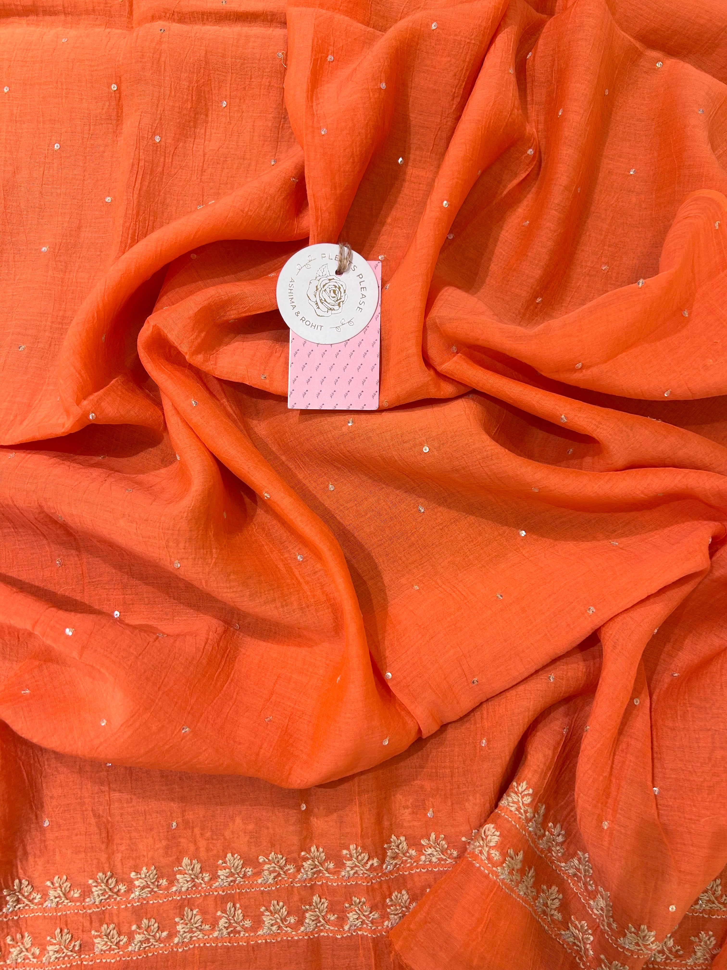 Coral peach Chanderi Chikankari A-line Kurta & Dupatta