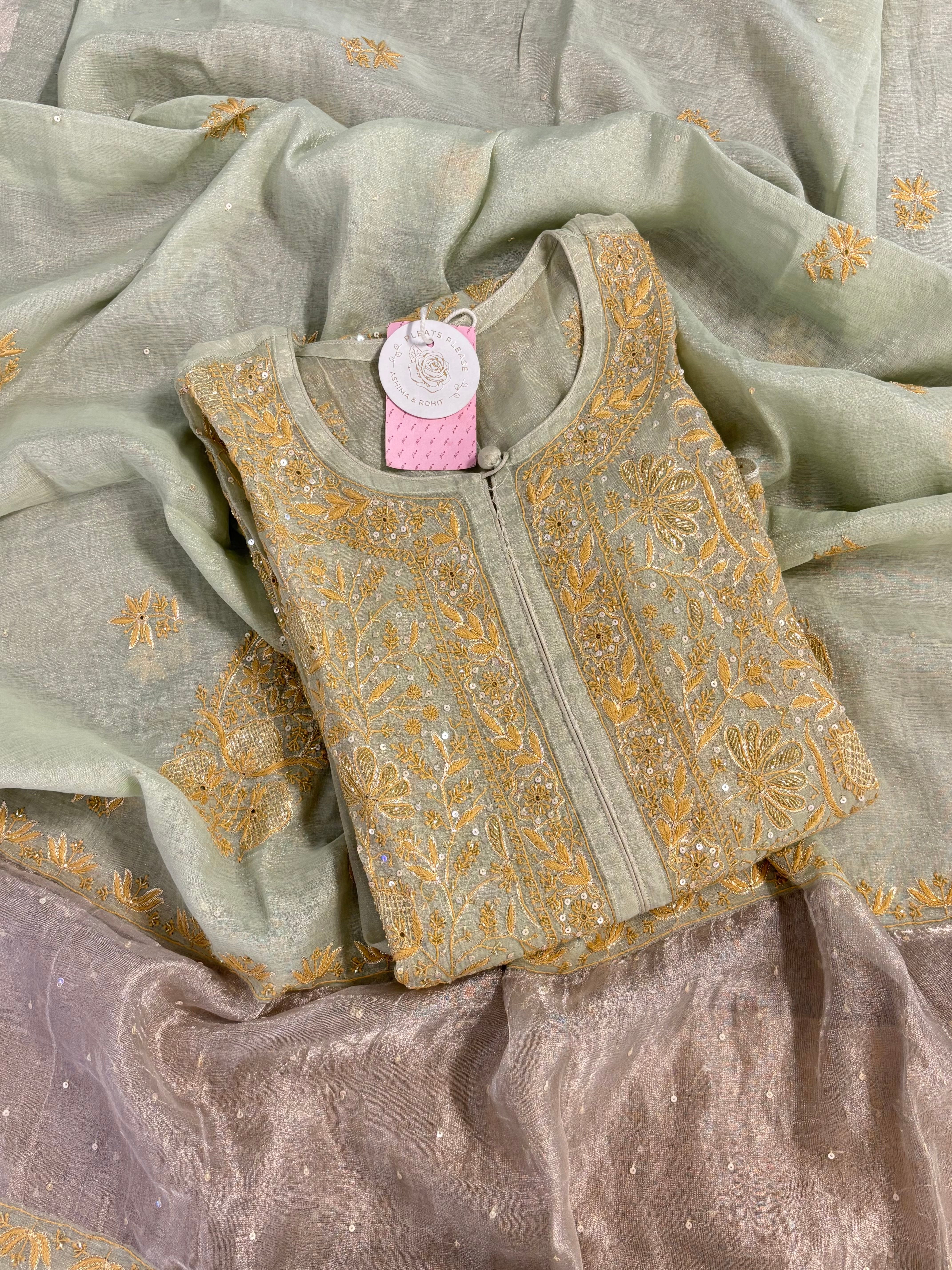 Pistachio Green Pure Tissue Chikankari Kurta & Dupatta