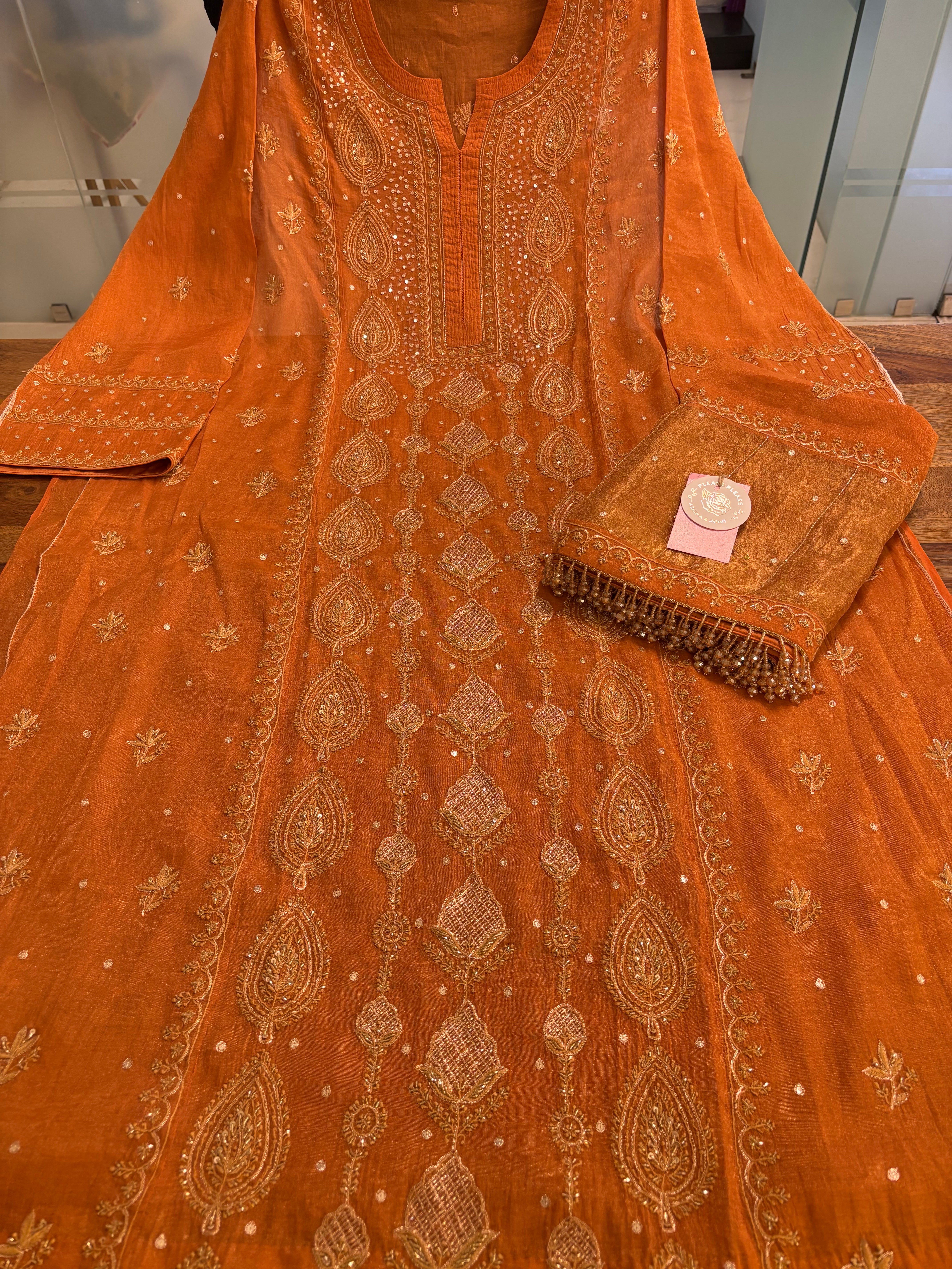 Burnt Orange Pure Tissue Chikankari Kurta & Dupatta