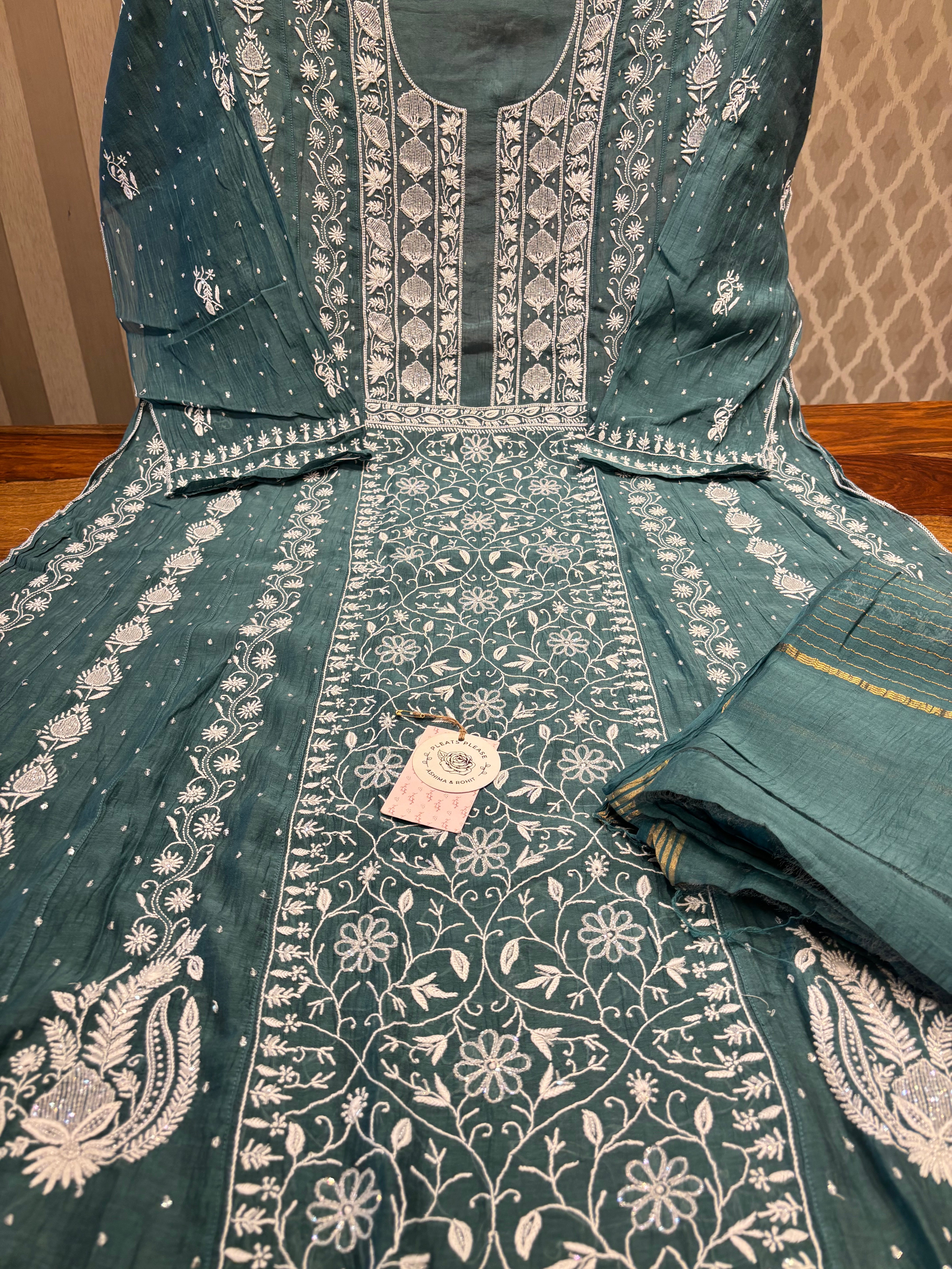 Teal Green Chanderi Mul Chikankari Anarkali and dupatta