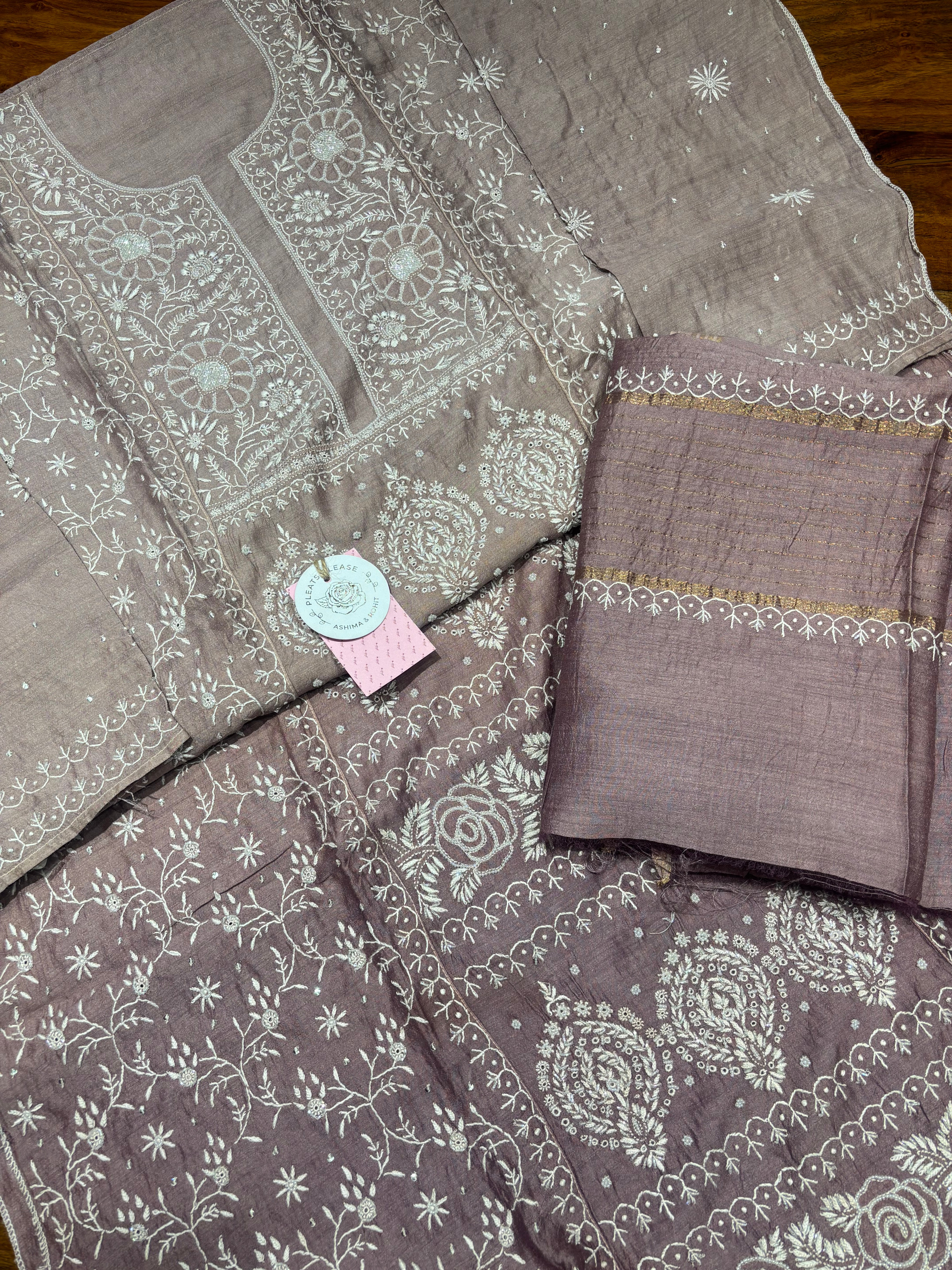 Aubergine Ombre Pure & Premium Monga Silk Chikankari Kurta & Dupatta Set