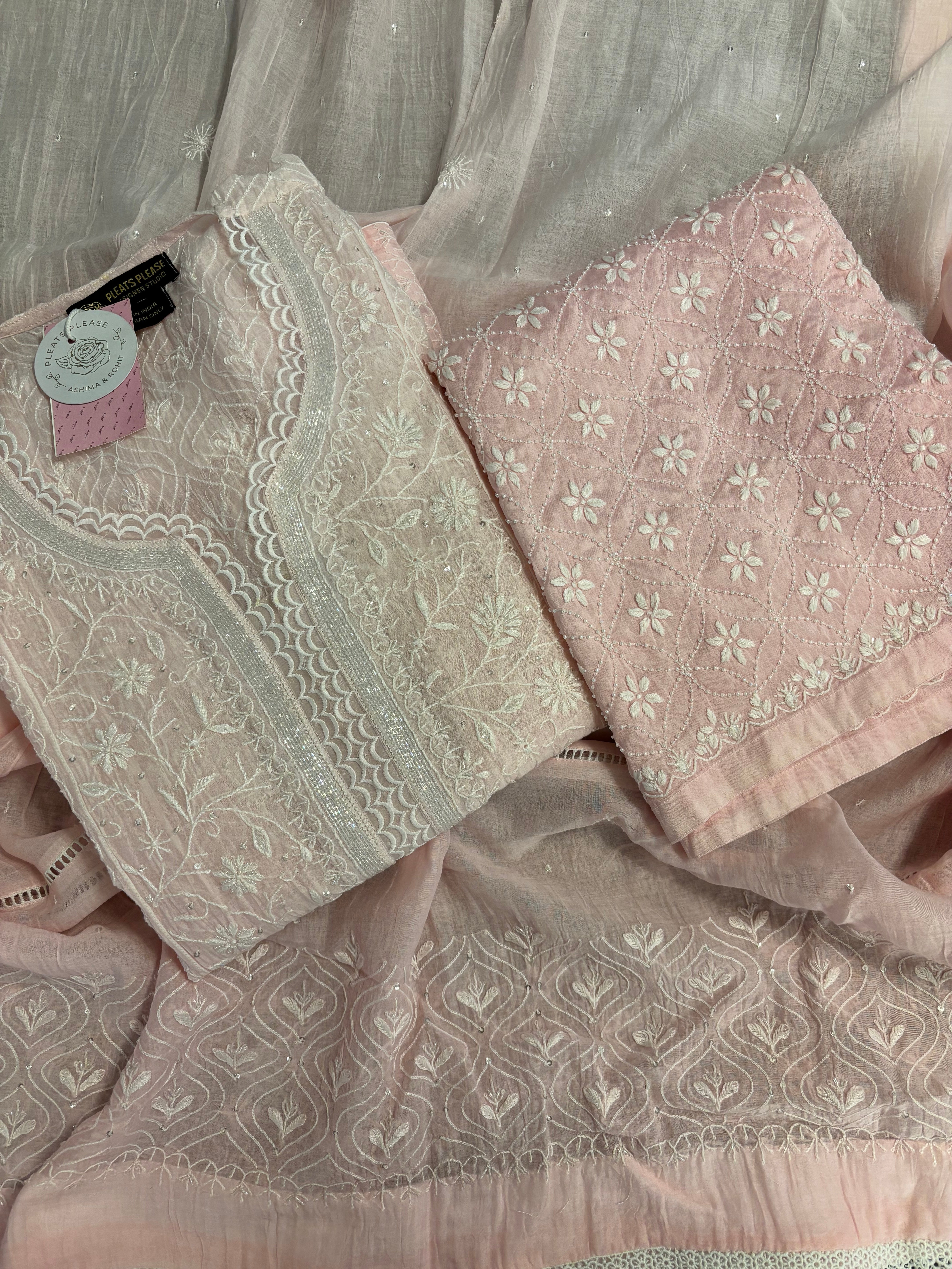 Pink Ombré Chanderi Mul Chikankari Kurta & Dupatta With Bottom