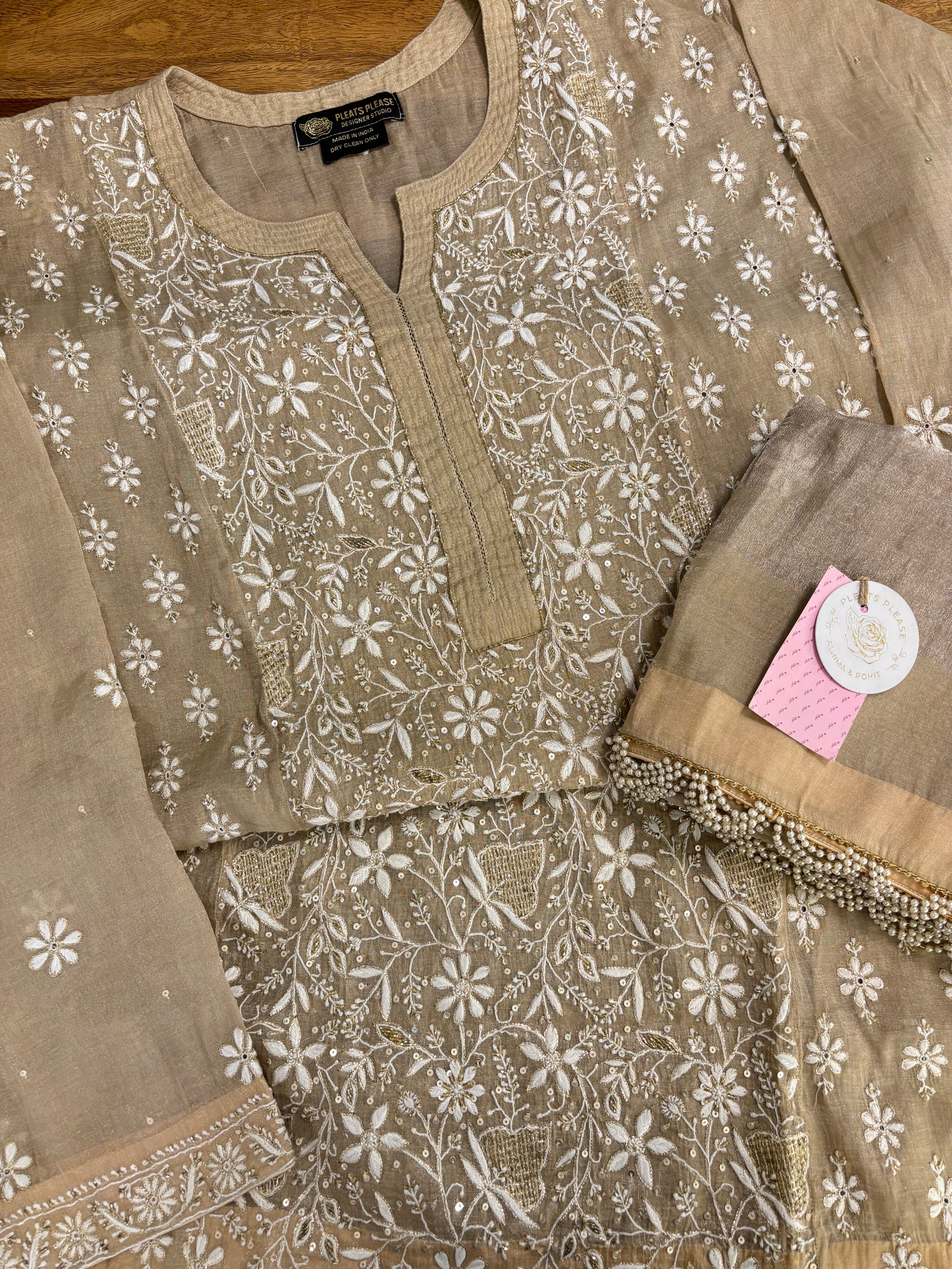 Beige Pure Tissue Chikankari Kurta & Dupatta