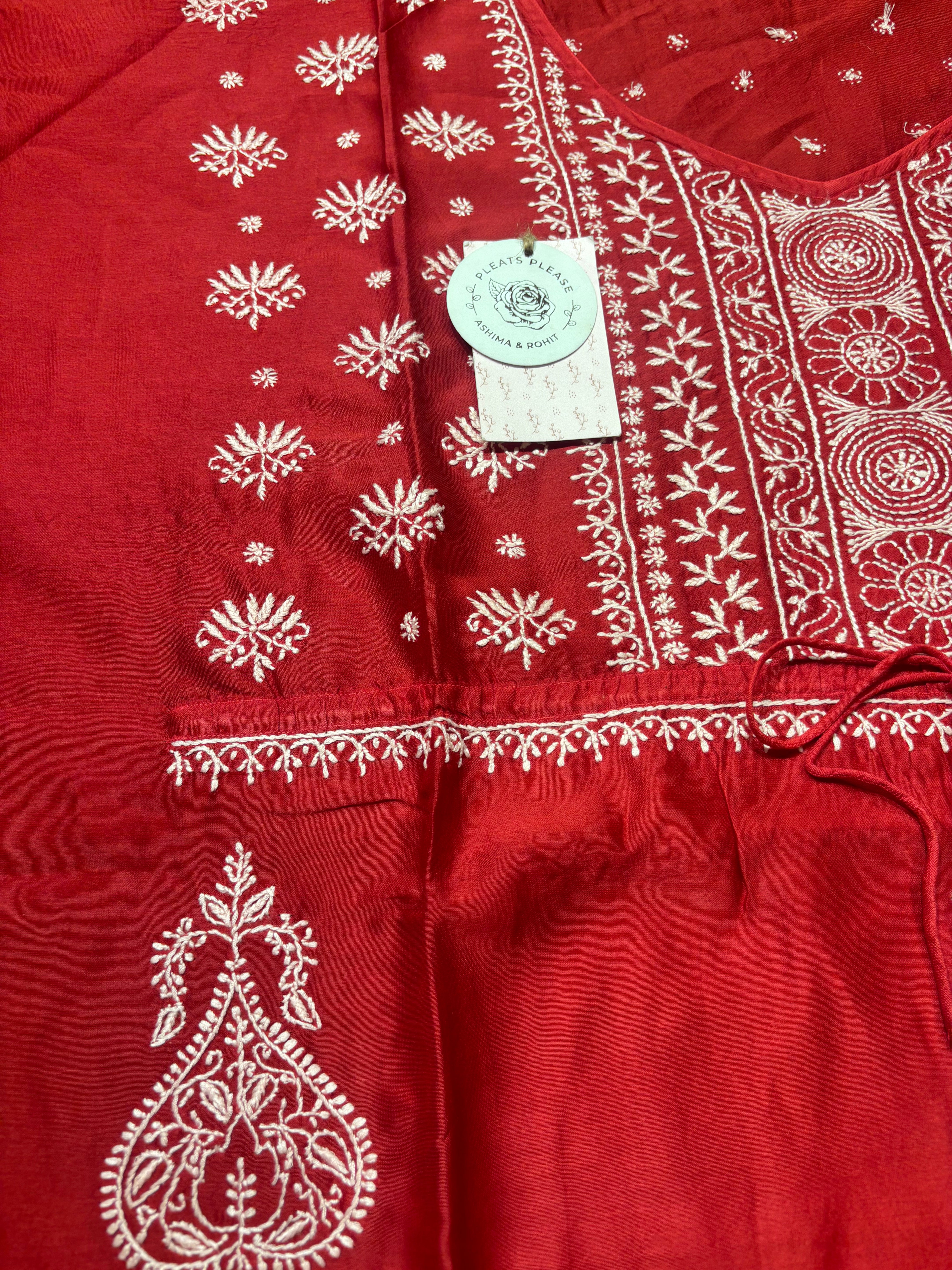 Red Chanderi Silk Chikankari Kaftan
