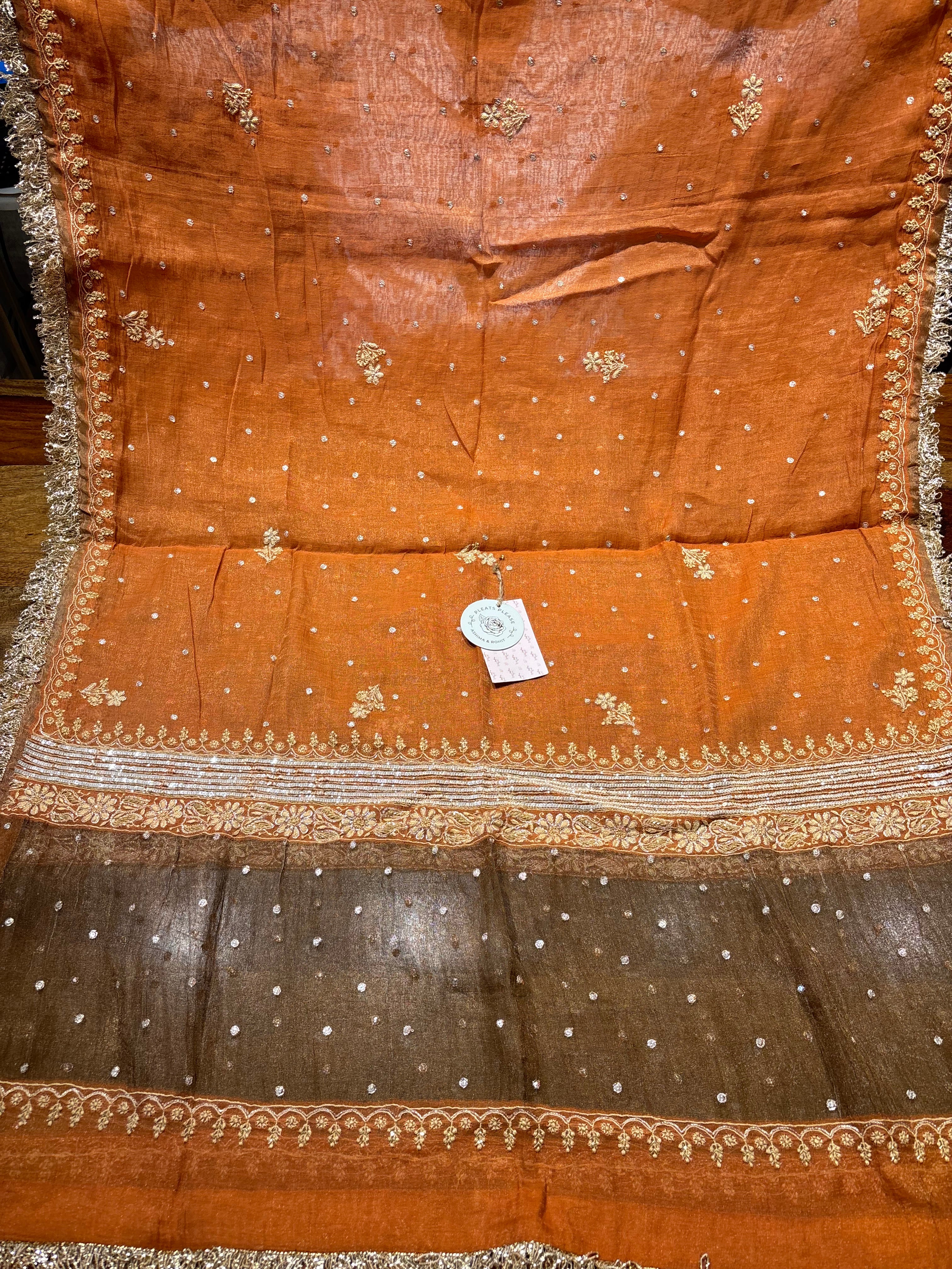 Burnt Orange Pure And Premium Tissue Chikankari Anarkali, Dupatta And Bottom