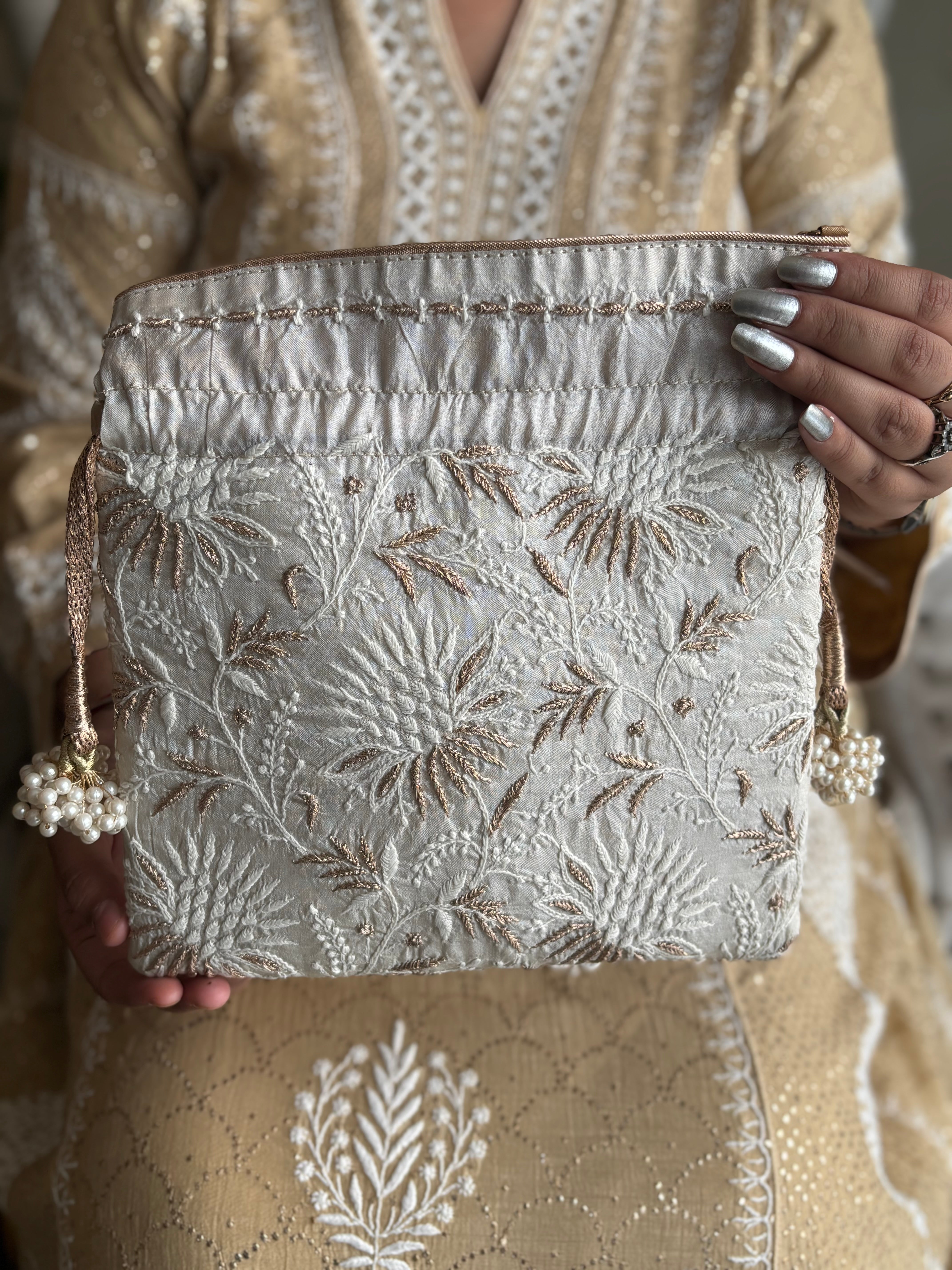 Ivory Silk Chikankari Potli
