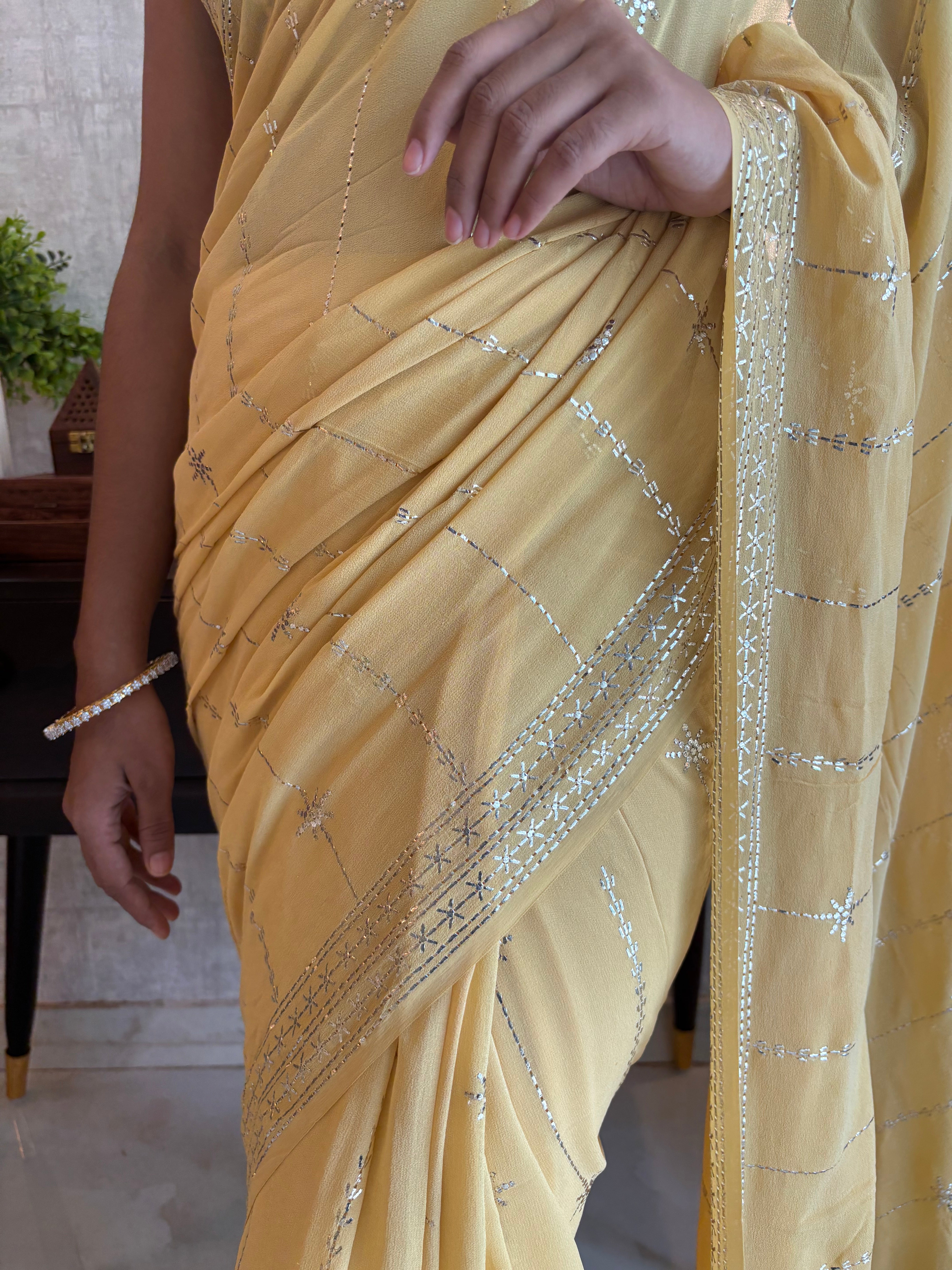 Macaroon Pure And Premium Georgette Mukaish Saree And Blouse