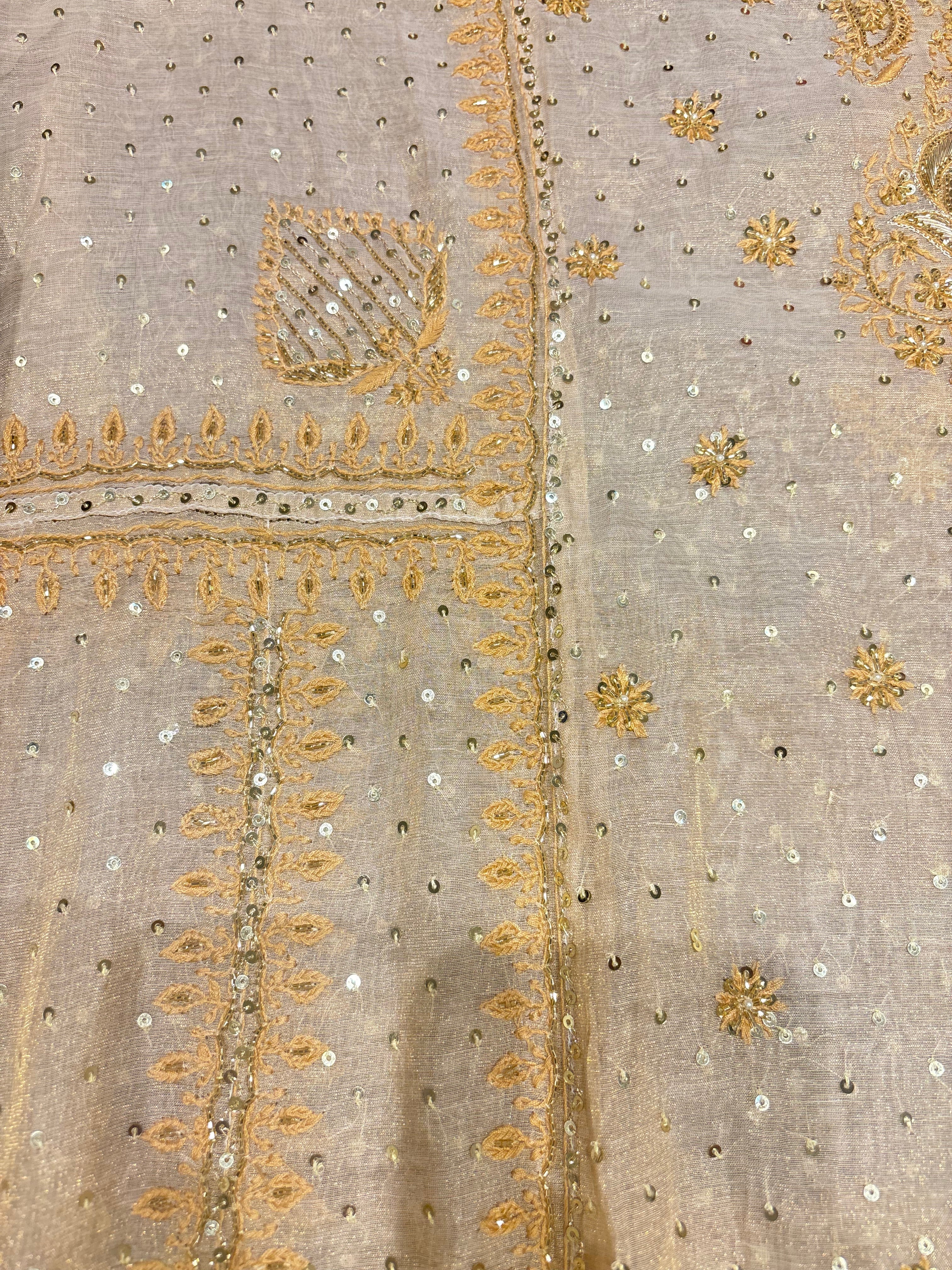 Dyeable Pure Gold Tissue Chikankari A-line Anarkali and Dupatta
