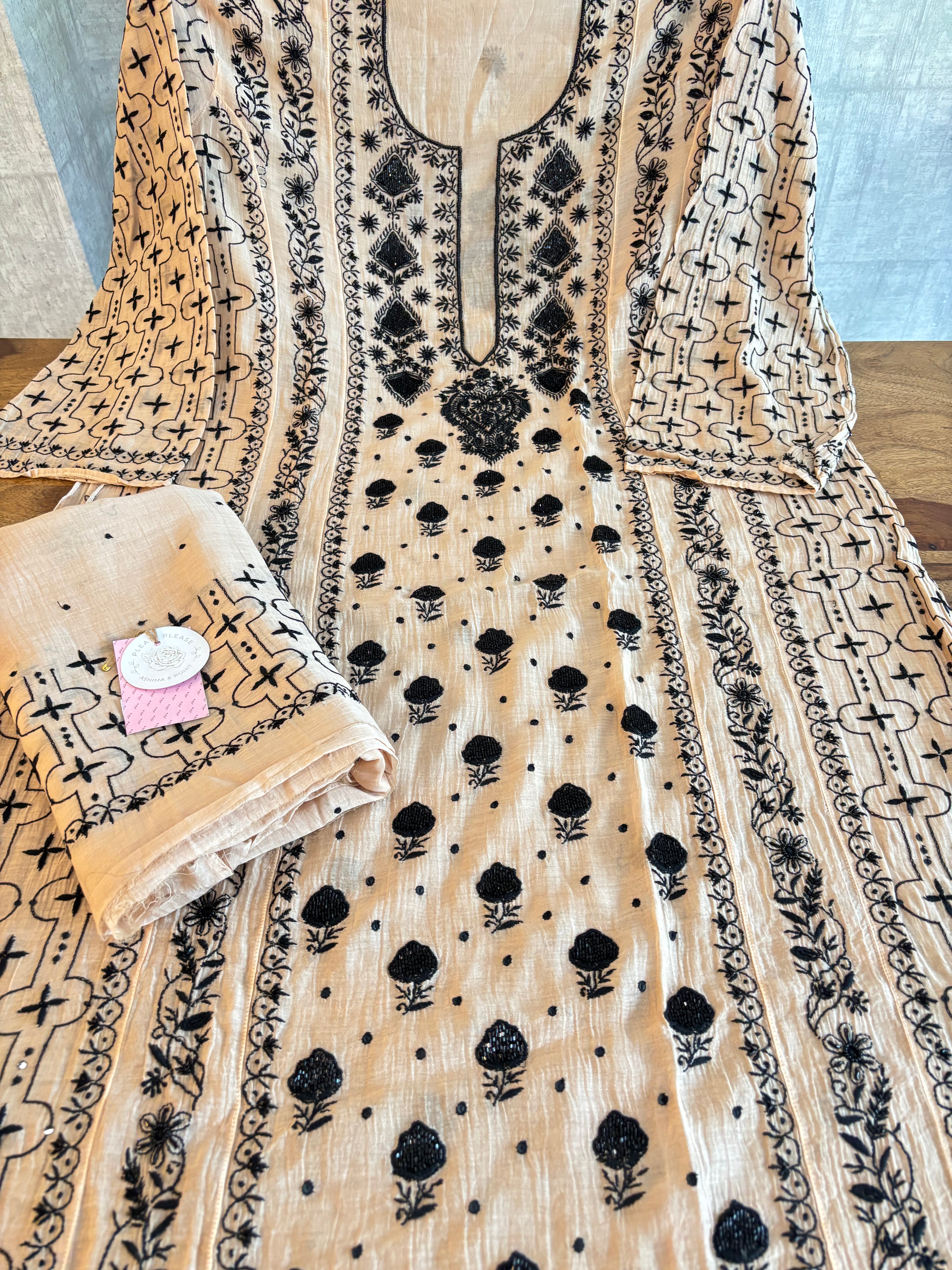 Cream peach Chanderi Mul Chikankari A-line Kurta & Dupatta