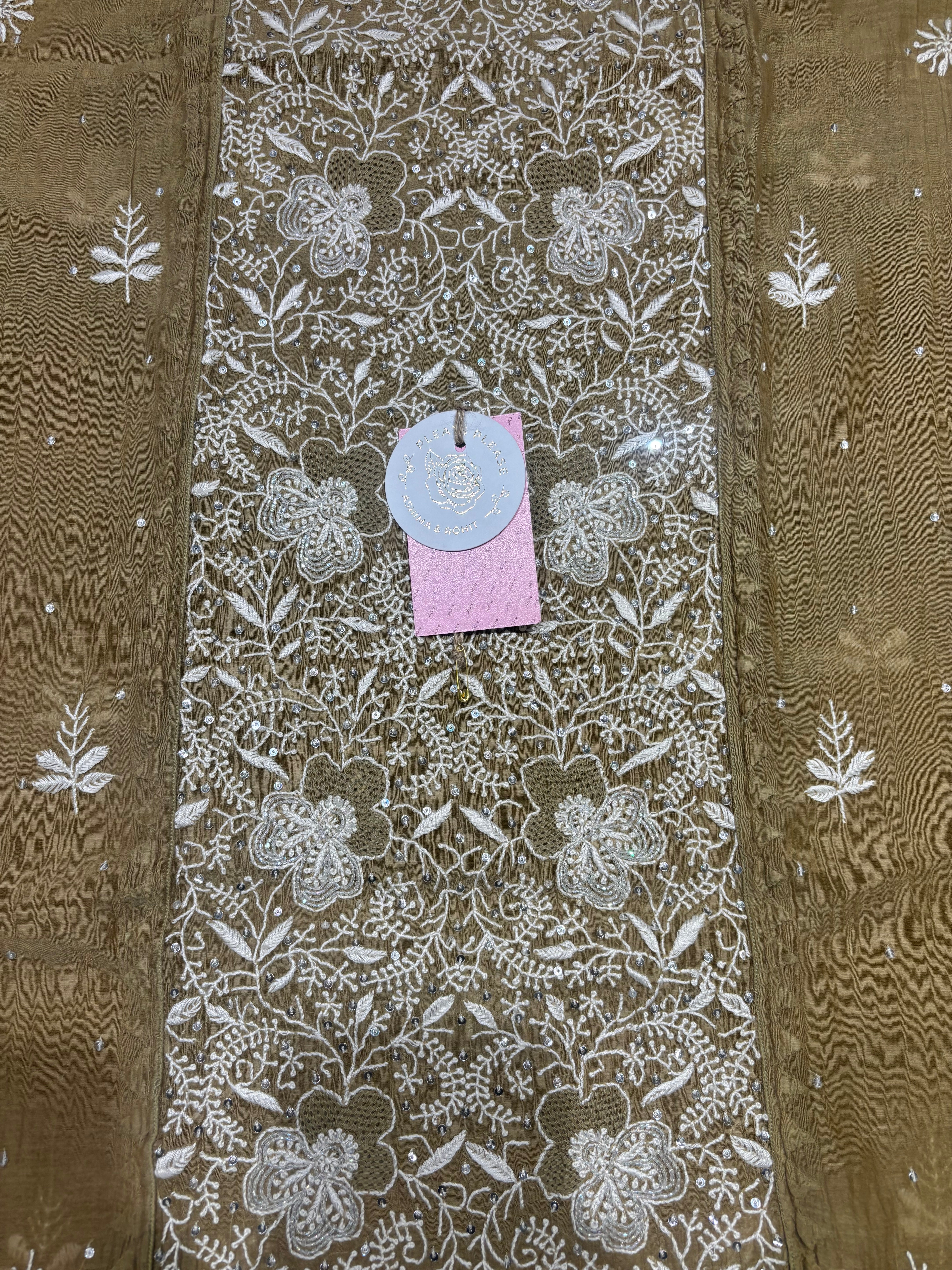 Military Green Chanderi Mul Chikankari Kurta and Dupatta Set