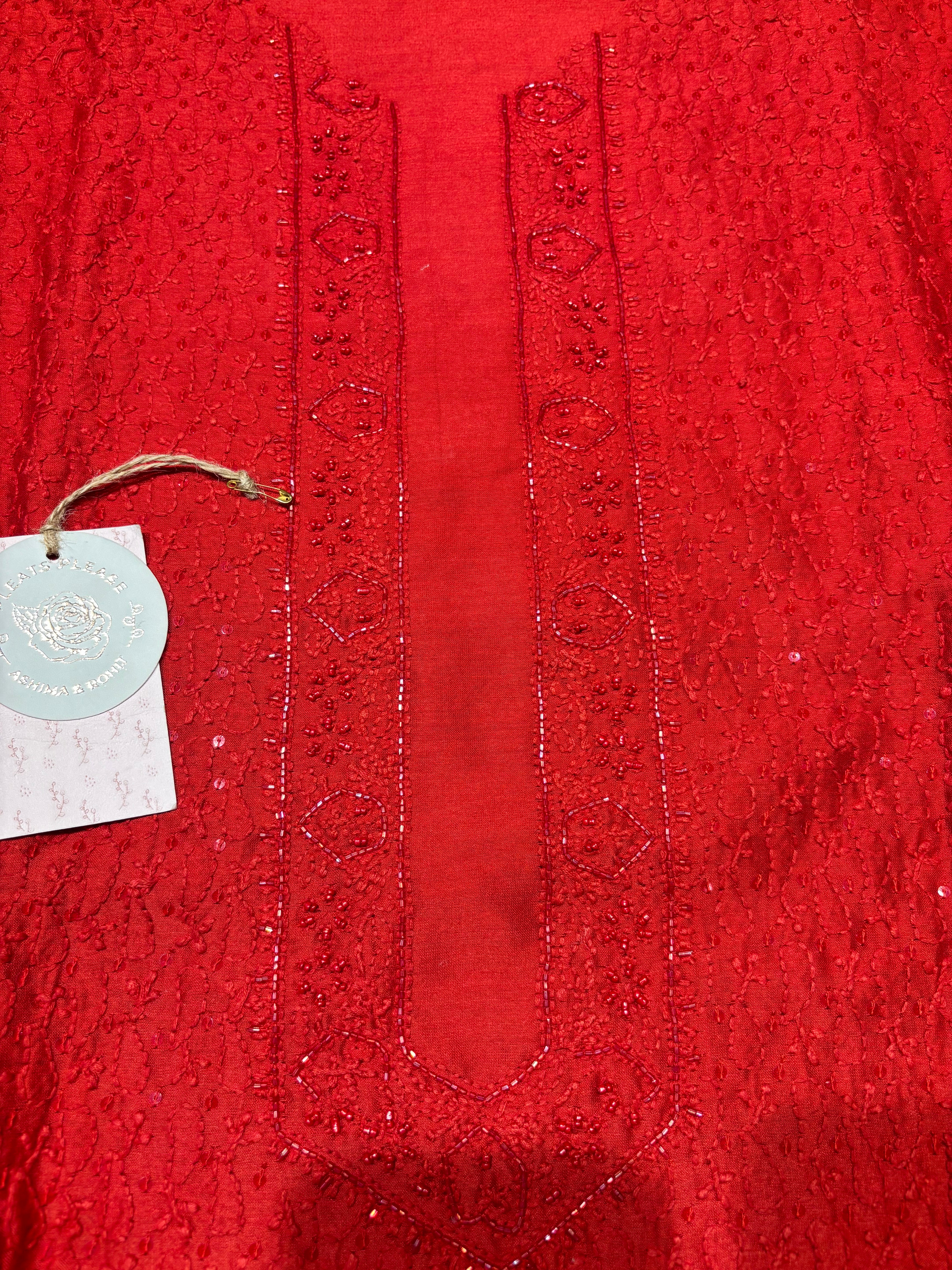 Red Chanderi Silk Chikankari Men’s Kurta Fabric
