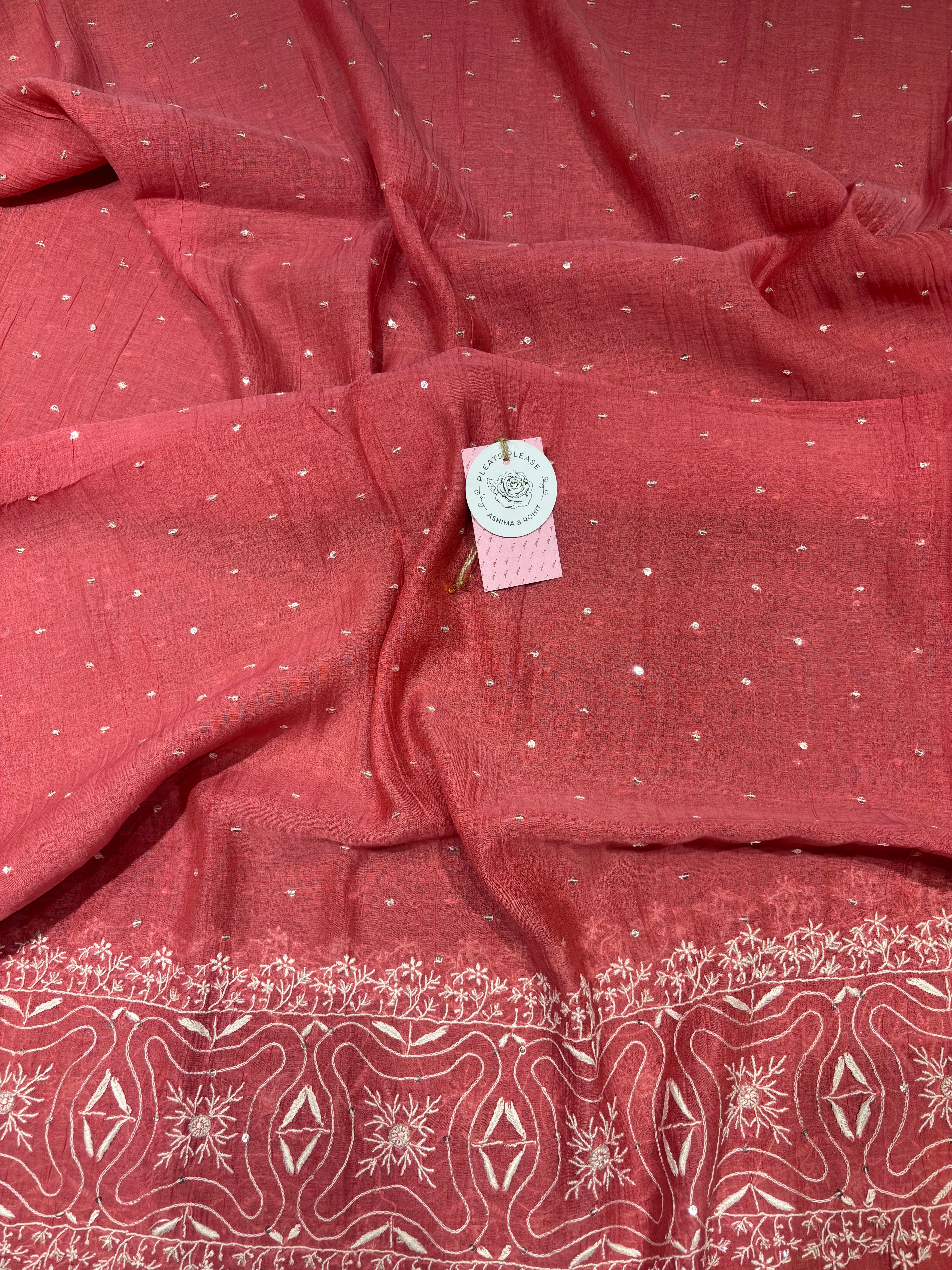 Coral Pink Chanderi Mul Chikankari Kurta & Dupatta Set