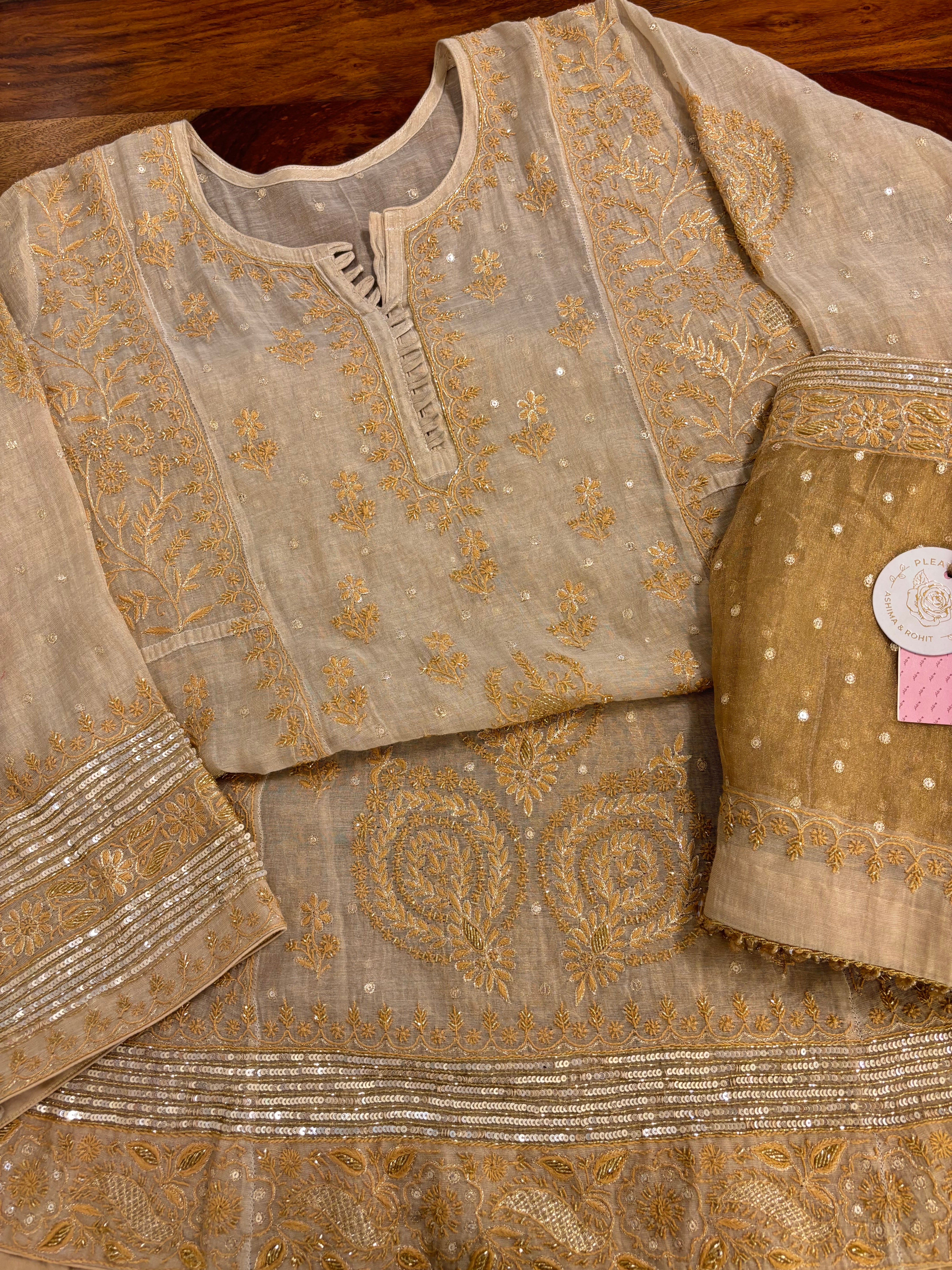 Dyeable Golden Pure & Premium Tissue Chikankari Anarkali and Dupatta