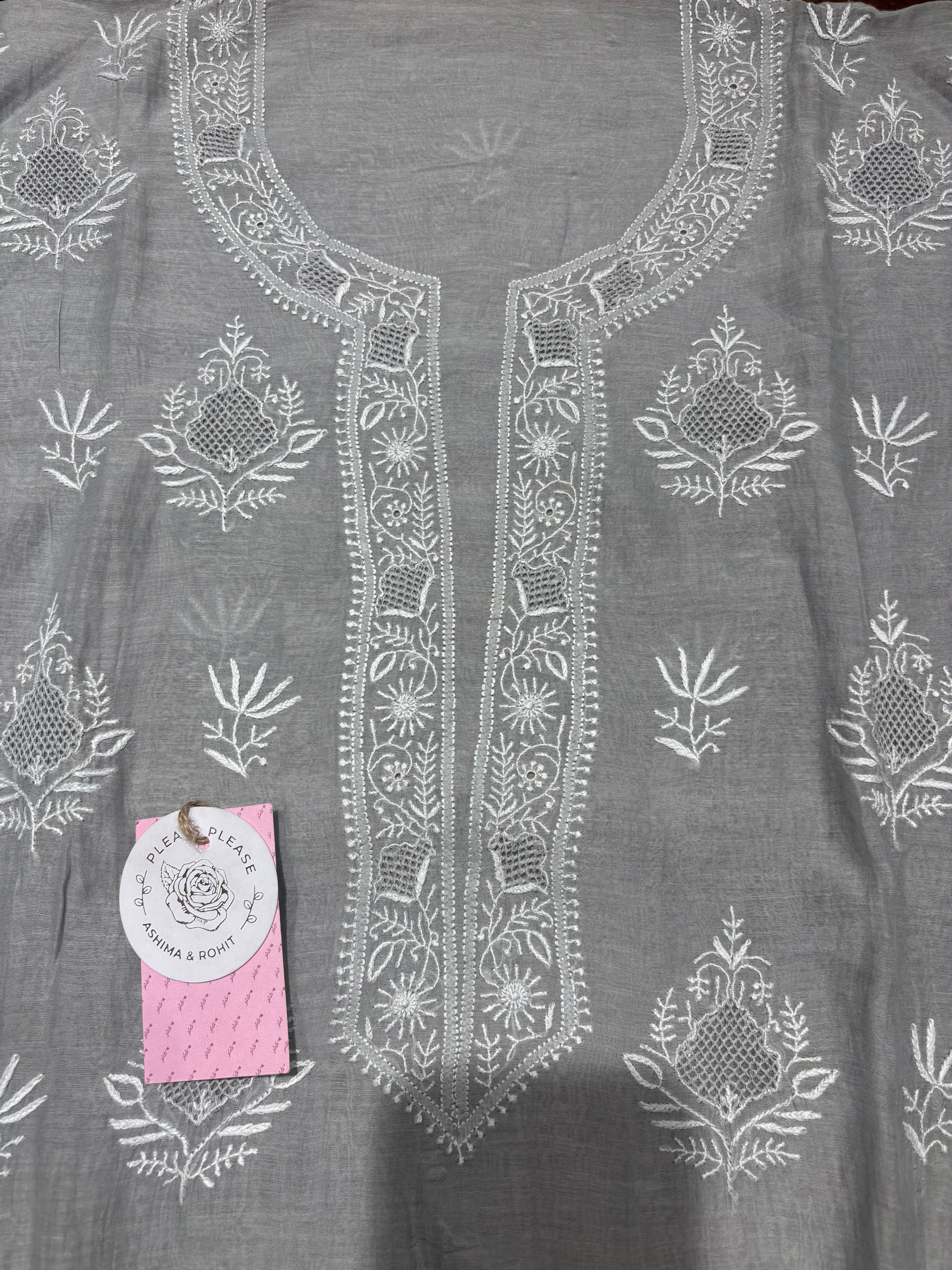 Gray Chanderi Mul Chikankari Kurta & Dupatta Set