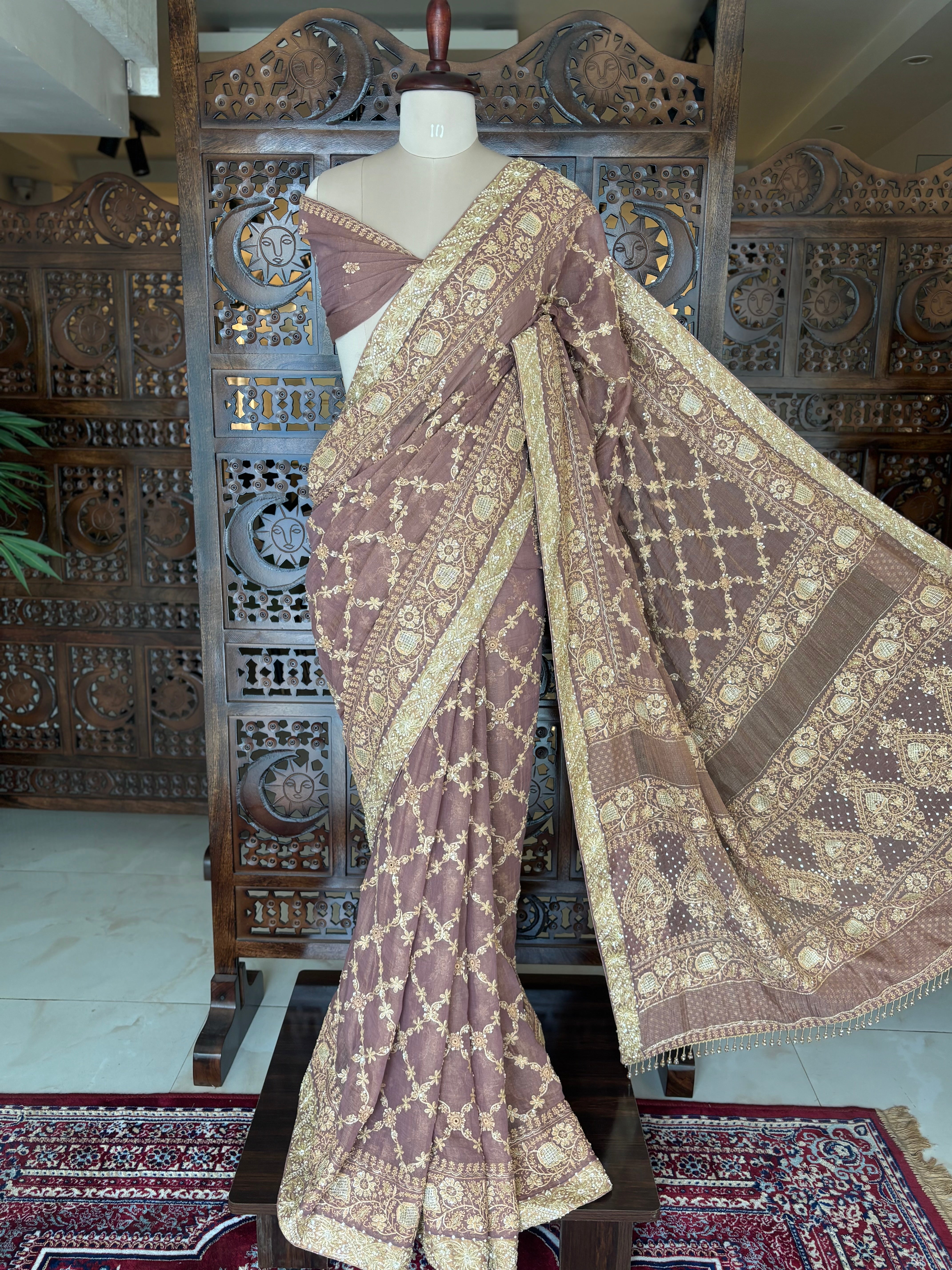Garnet Pure & Premium Tissue Chikankari Saree and Blouse - Pleats PleaseChikankari