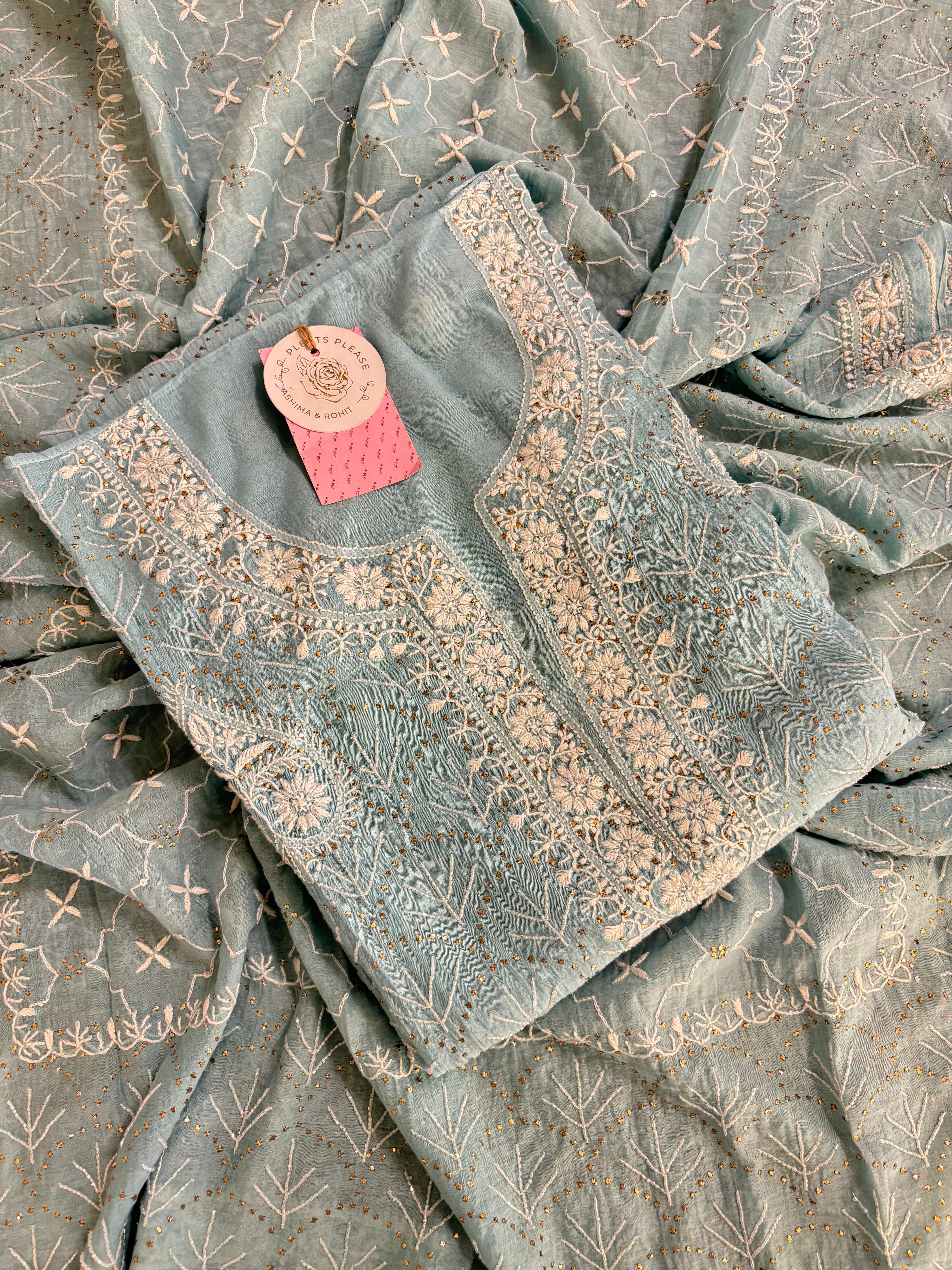 Ice Blue Chanderi Mul Chikankari Mukaish Kurta & Dupatta