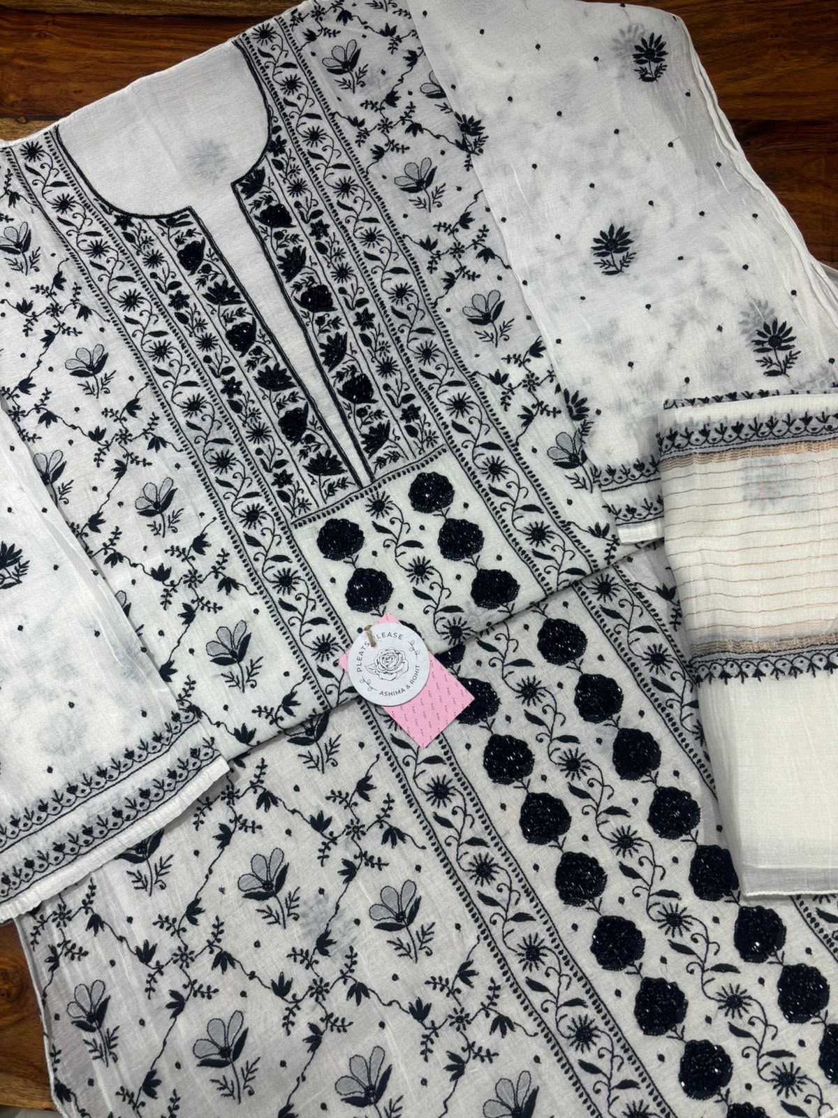 Dyeable Black & white Chanderi Chikankari kurta & Dupatta