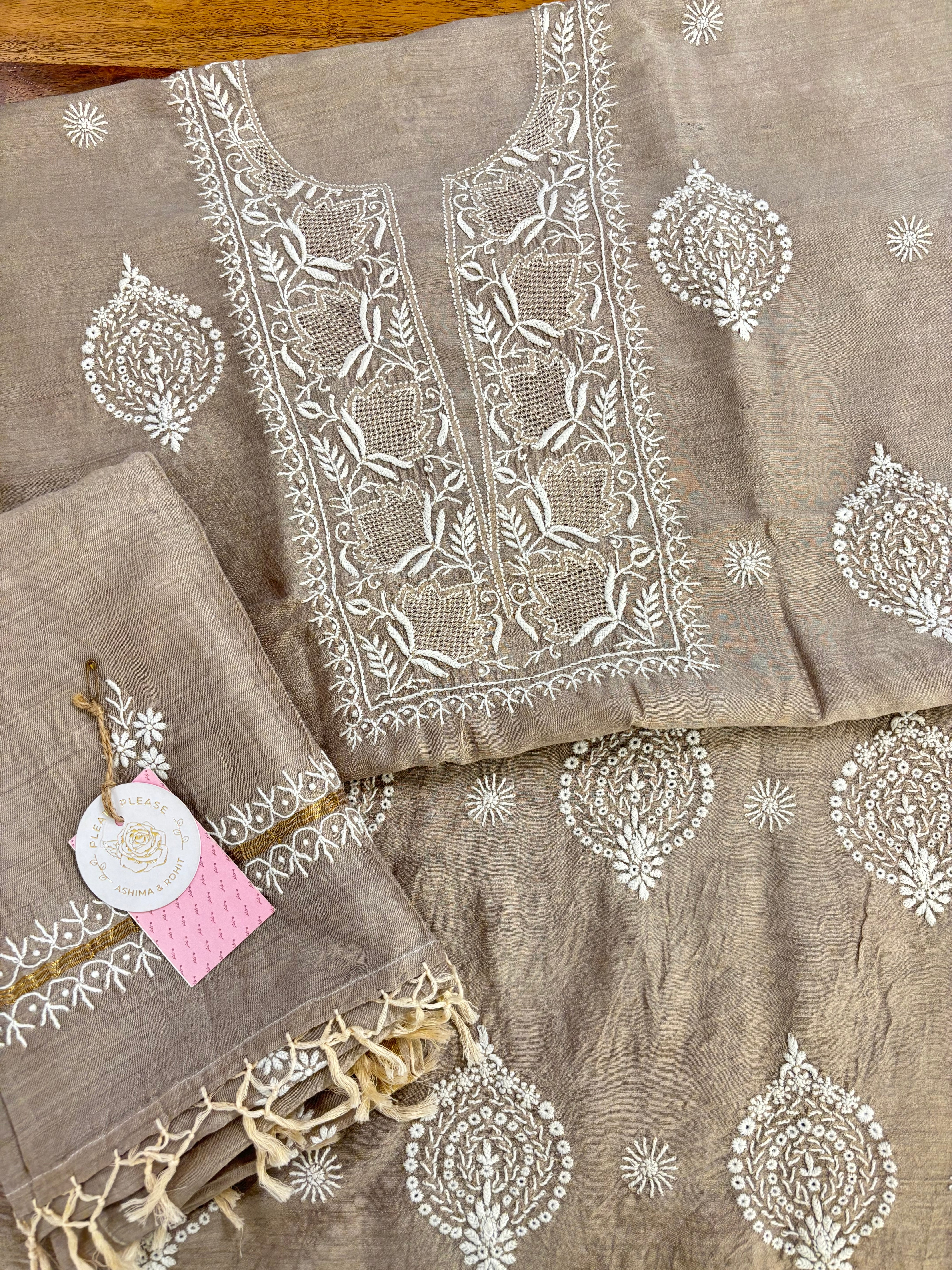 Hazelnut Brown Monga Silk Chikankari Kurta & Dupatta