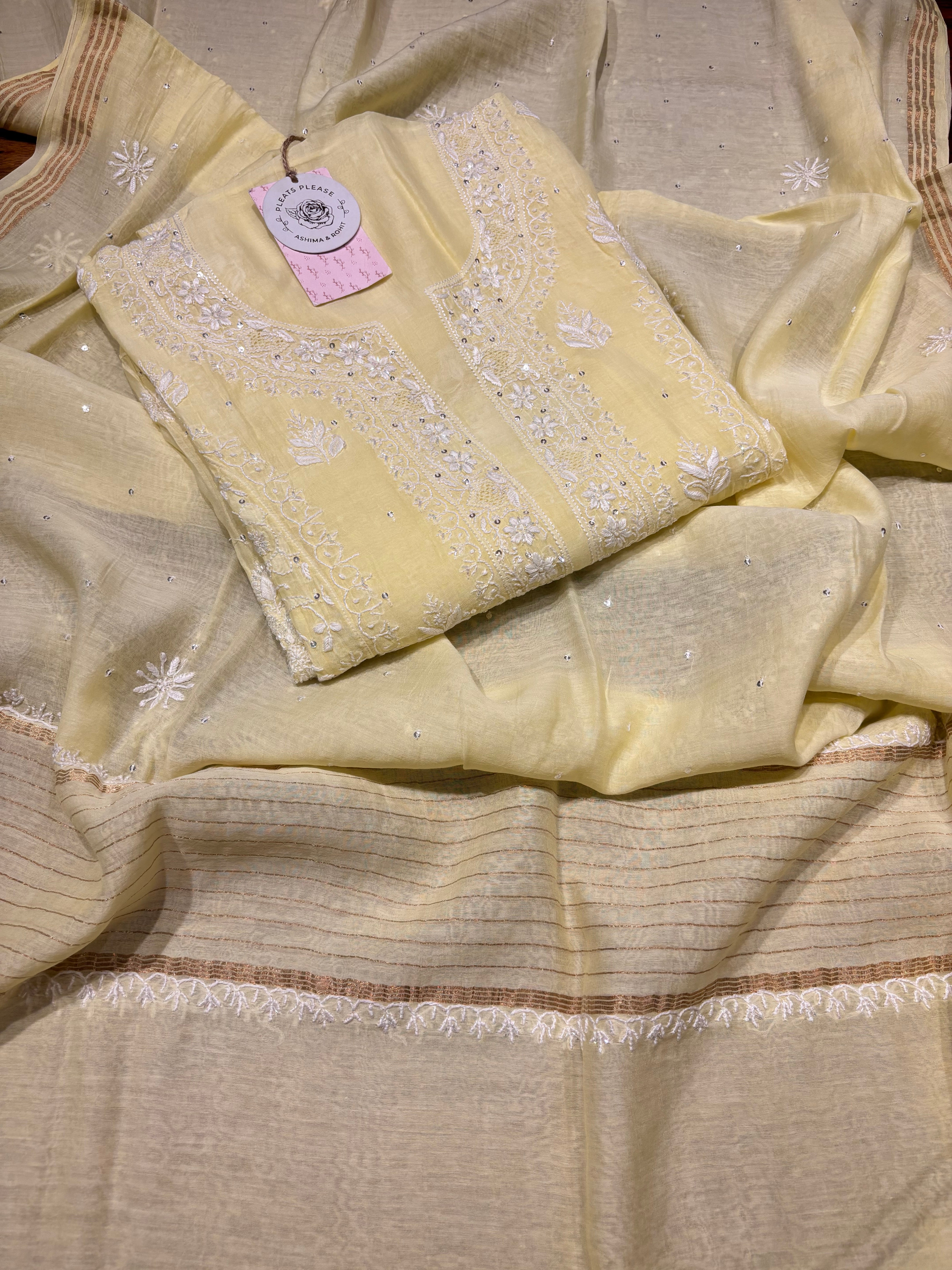 Lime Yellow Chanderi Mul Chikankari Kurta and Dupatta set