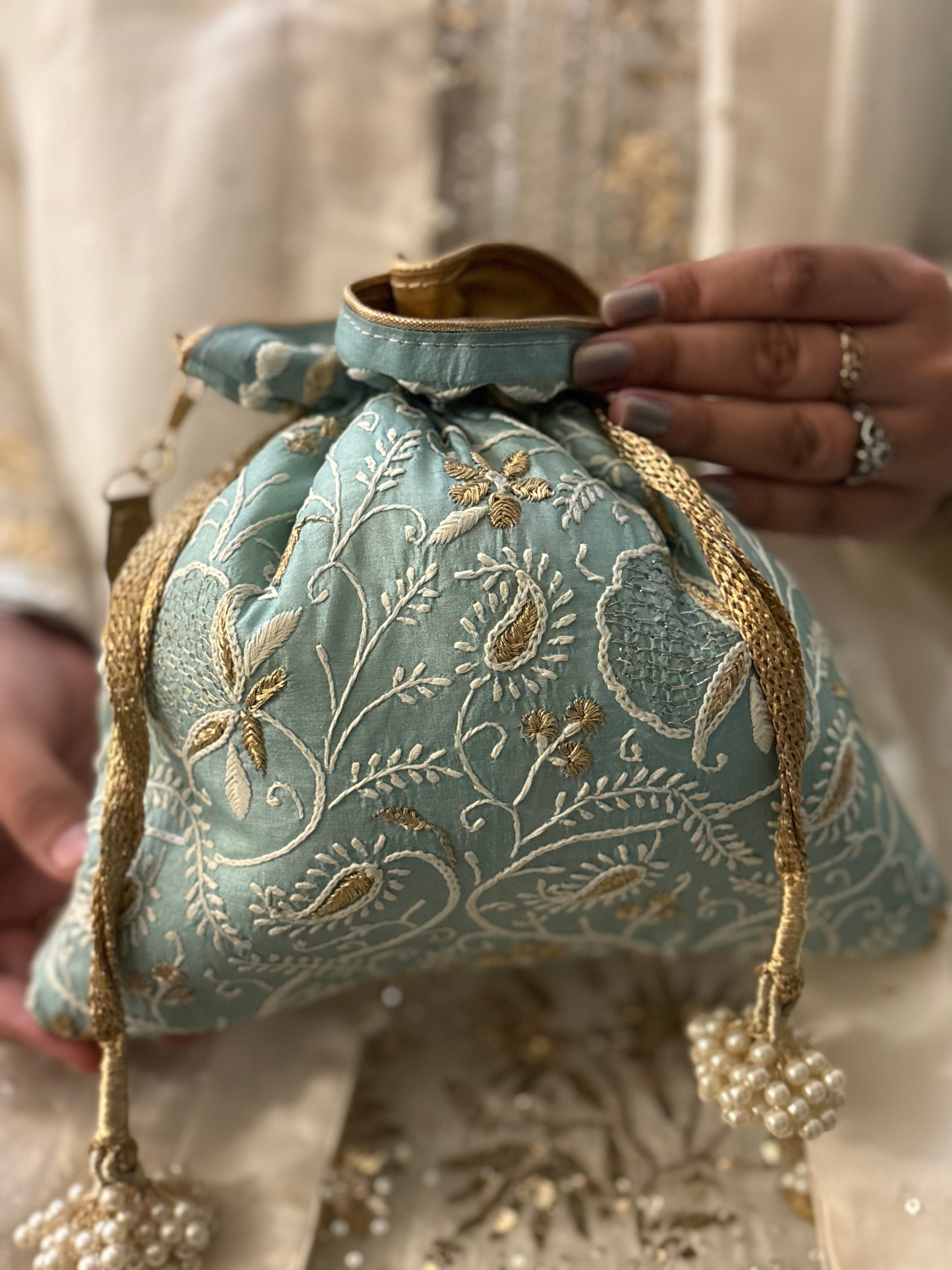 Sea Foam Chikankari Potli