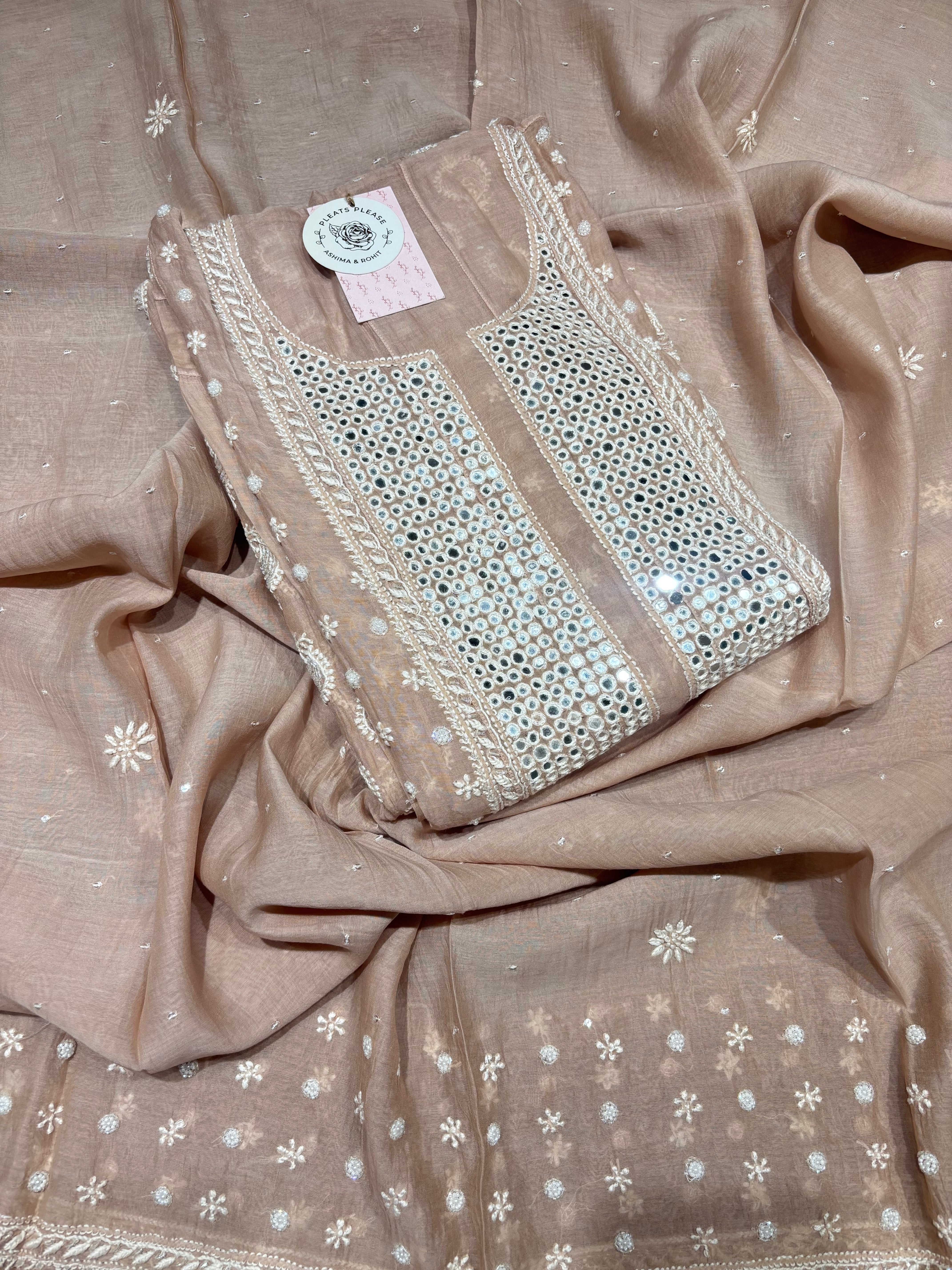 Nude Peach Chanderi Mul Chikankari Anarkali and Dupatta Set