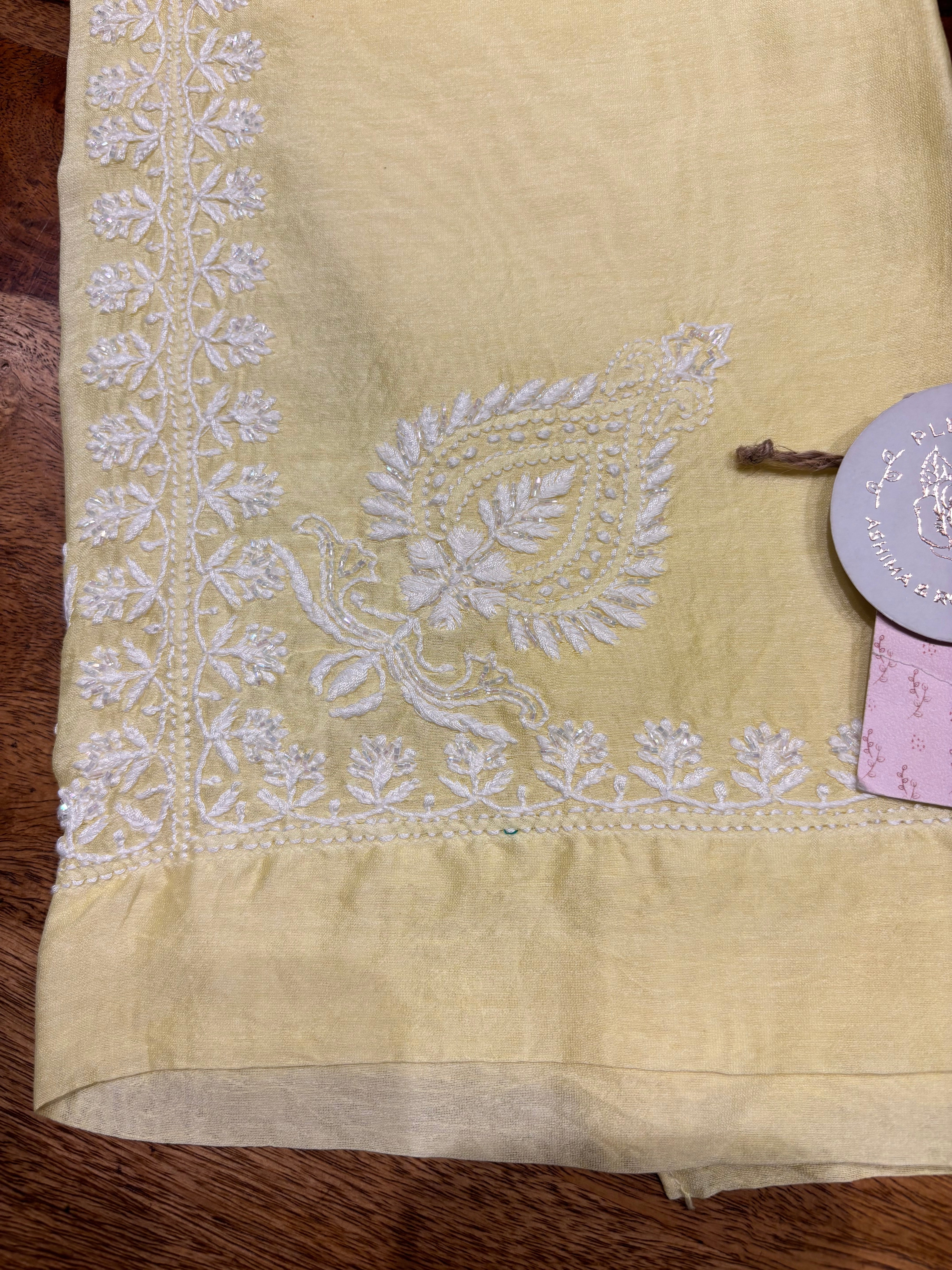 Lime Yellow Chanderi Silk Chikankari  Co-ord Set
