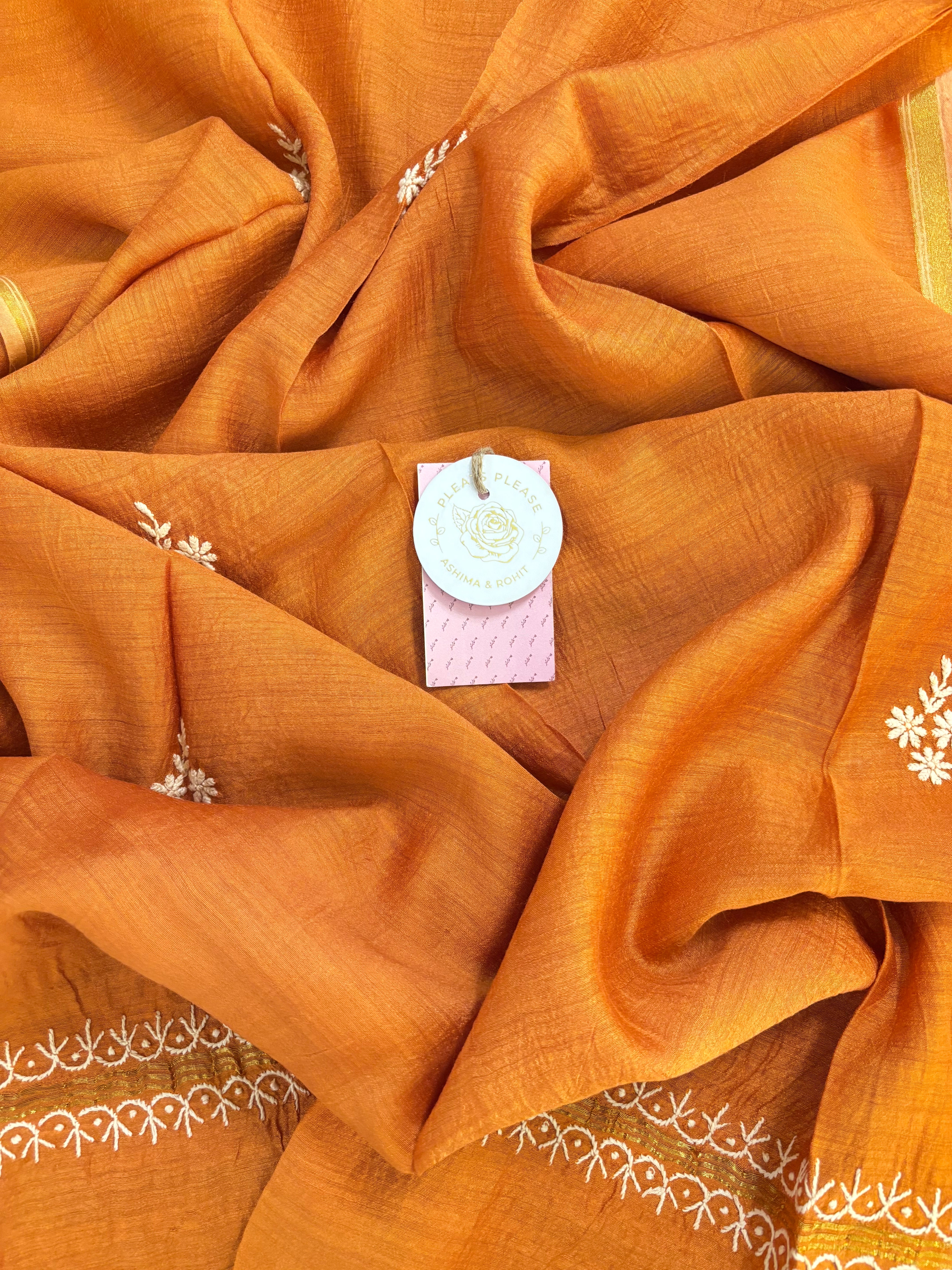 Burnt Orange Monga Silk Chikankari Kurta & Dupatta