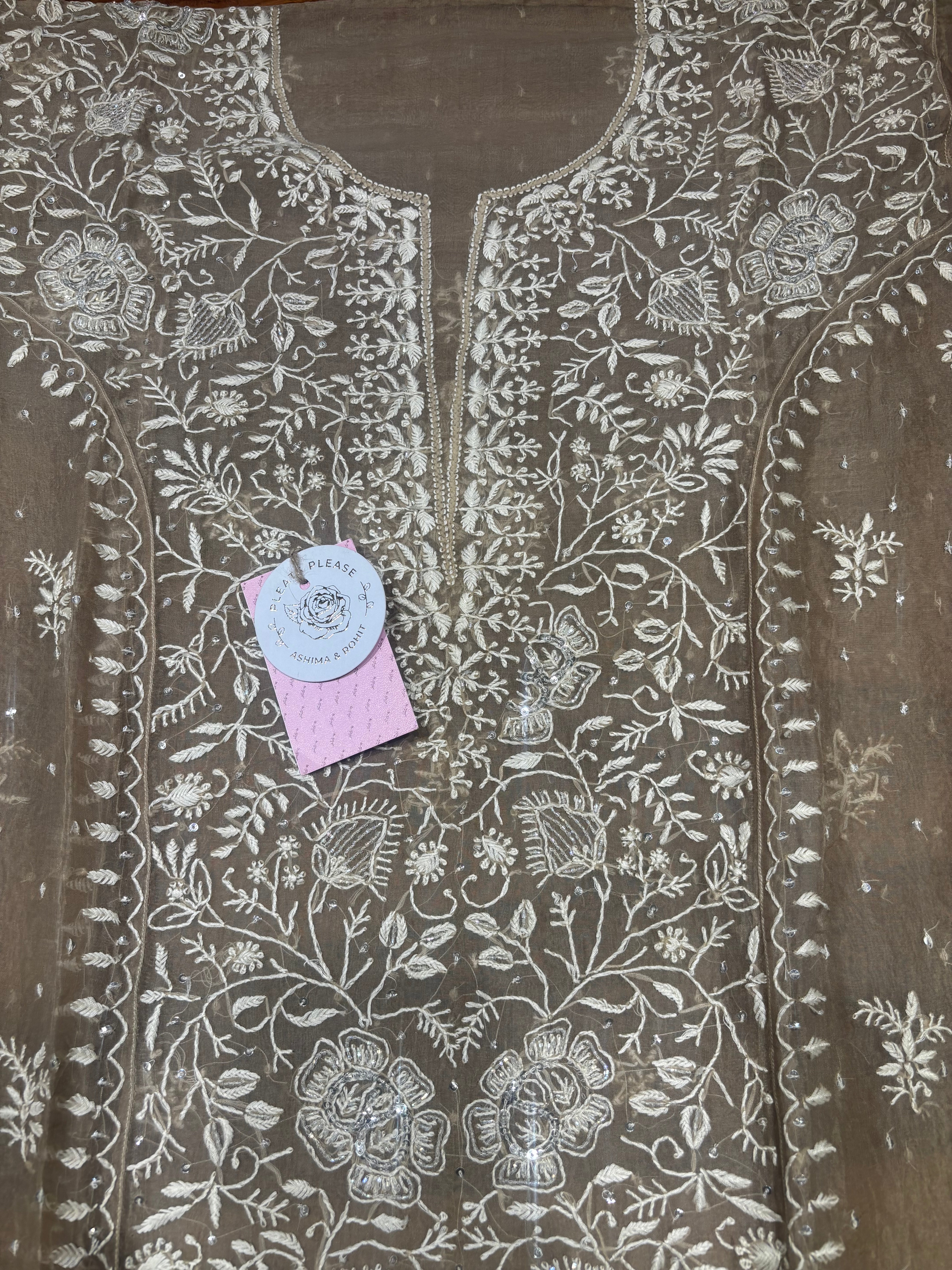 Brown Pure & Premium Organza Silk Chikankari Kurta & Dupatta Set